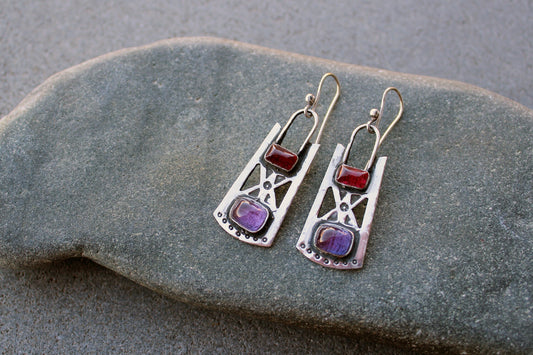 Sterling silver stamped oxidized metalsmith earrings with dark pink and purple corundum, Armenian, rustic, silversmith, artisan, for her