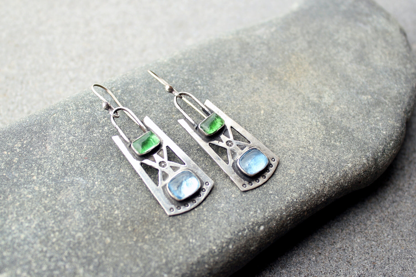 Sterling silver stamped oxidized metalsmith earrings with light blue and green corundum, Armenian, rustic, silversmith, artisan, for her
