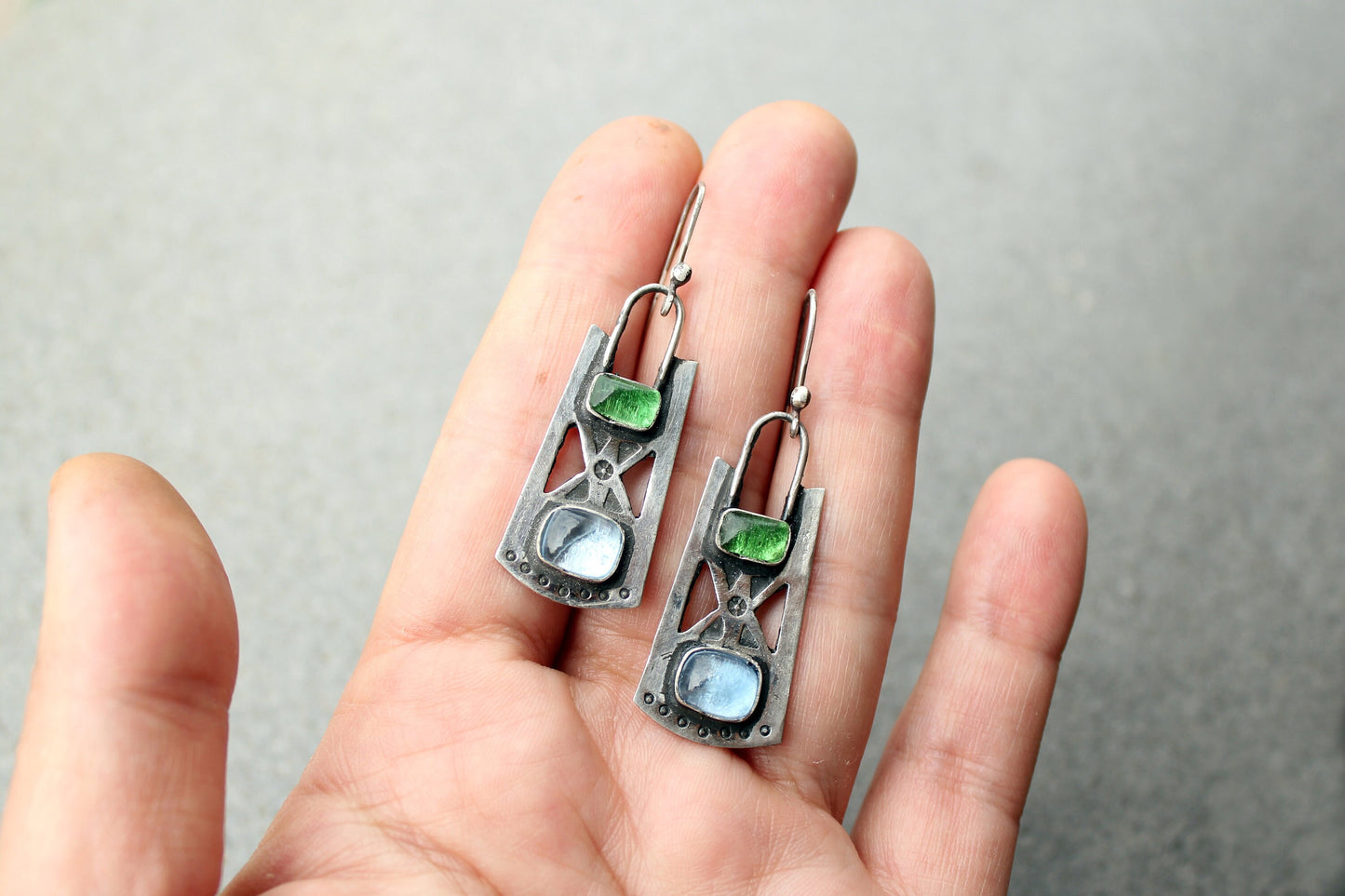 Sterling silver stamped oxidized metalsmith earrings with light blue and green corundum, Armenian, rustic, silversmith, artisan, for her