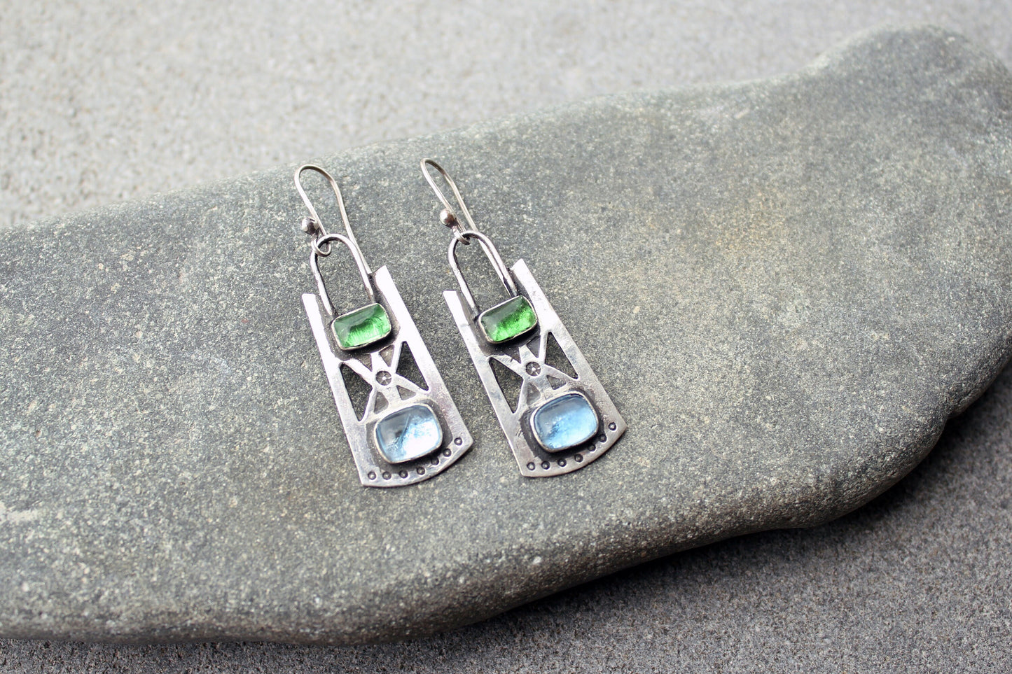 Sterling silver stamped oxidized metalsmith earrings with light blue and green corundum, Armenian, rustic, silversmith, artisan, for her
