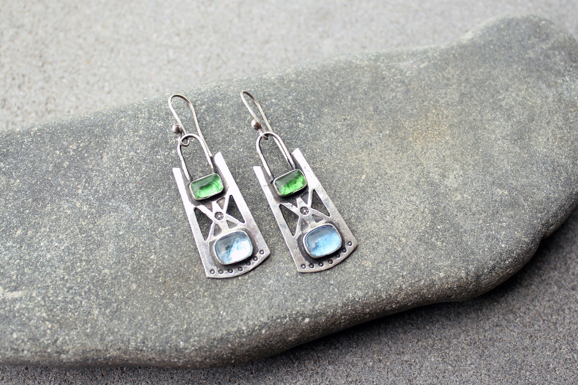 Sterling silver stamped oxidized metalsmith earrings with light blue and green corundum, Armenian, rustic, silversmith, artisan, for her