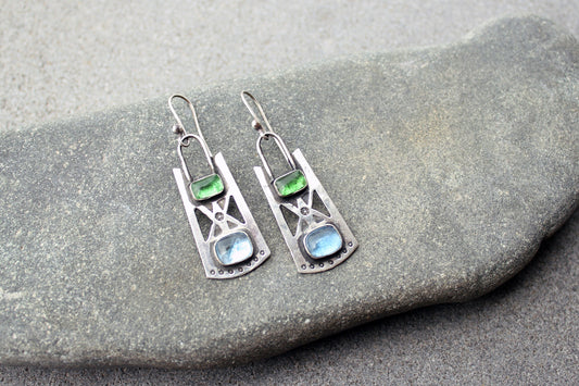 Sterling silver stamped oxidized metalsmith earrings with light blue and green corundum, Armenian, rustic, silversmith, artisan, for her