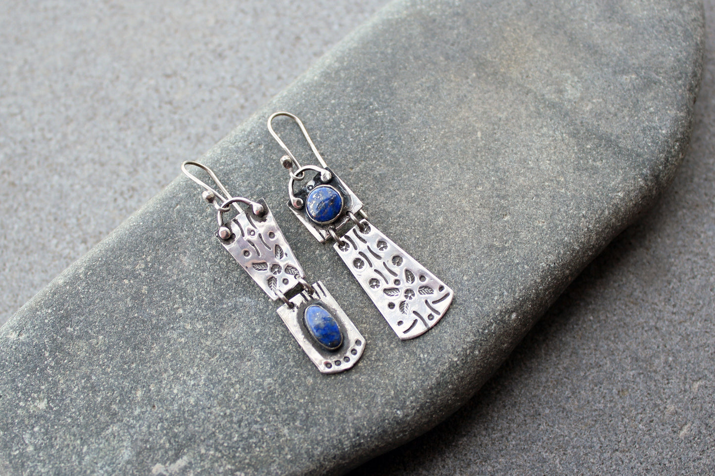 Sterling silver asymmetrical earrings with blue lapis lazuli gemstone, armenian, rustic, artisan, unique, modern, oxidized, silversmith