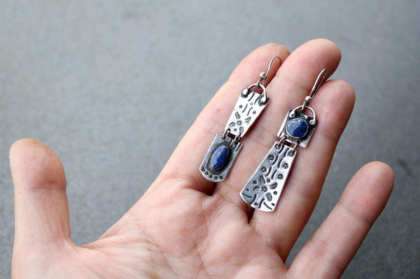 Sterling silver asymmetrical earrings with blue lapis lazuli gemstone, armenian, rustic, artisan, unique, modern, oxidized, silversmith