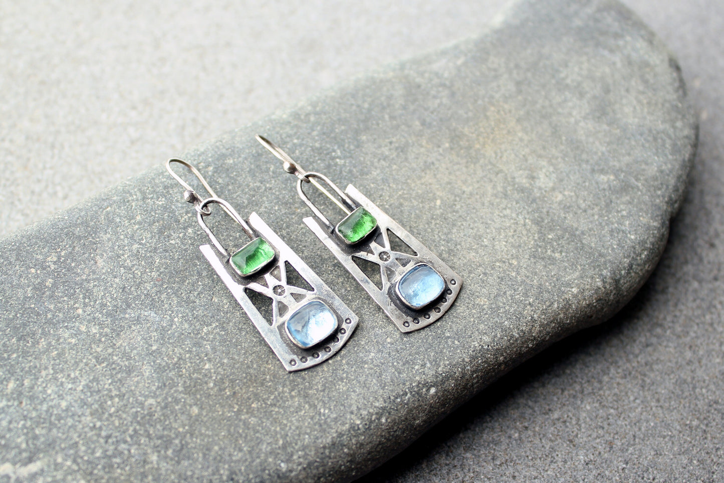 Sterling silver stamped oxidized metalsmith earrings with light blue and green corundum, Armenian, rustic, silversmith, artisan, for her
