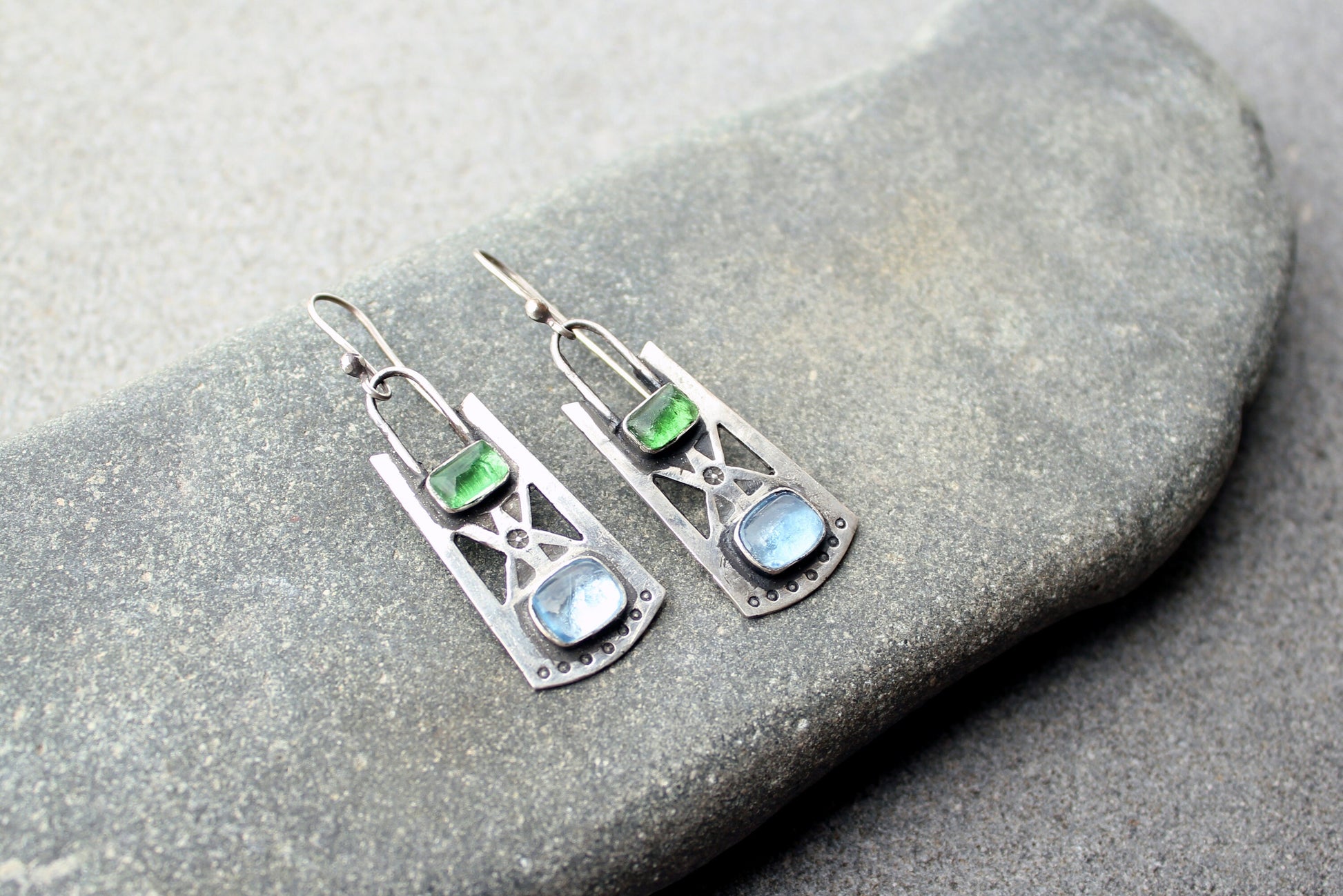 Sterling silver stamped oxidized metalsmith earrings with light blue and green corundum, Armenian, rustic, silversmith, artisan, for her