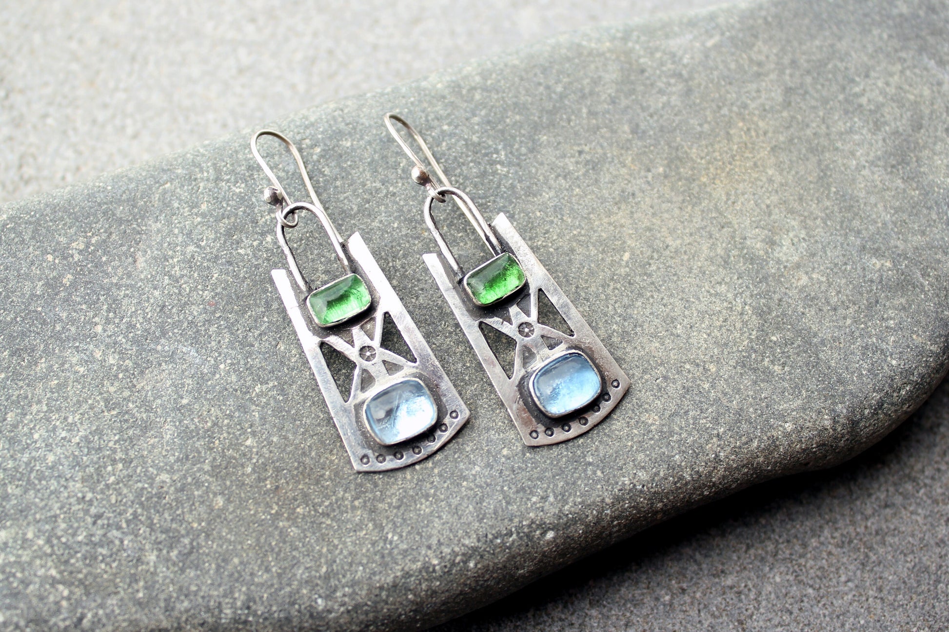 Sterling silver stamped oxidized metalsmith earrings with light blue and green corundum, Armenian, rustic, silversmith, artisan, for her