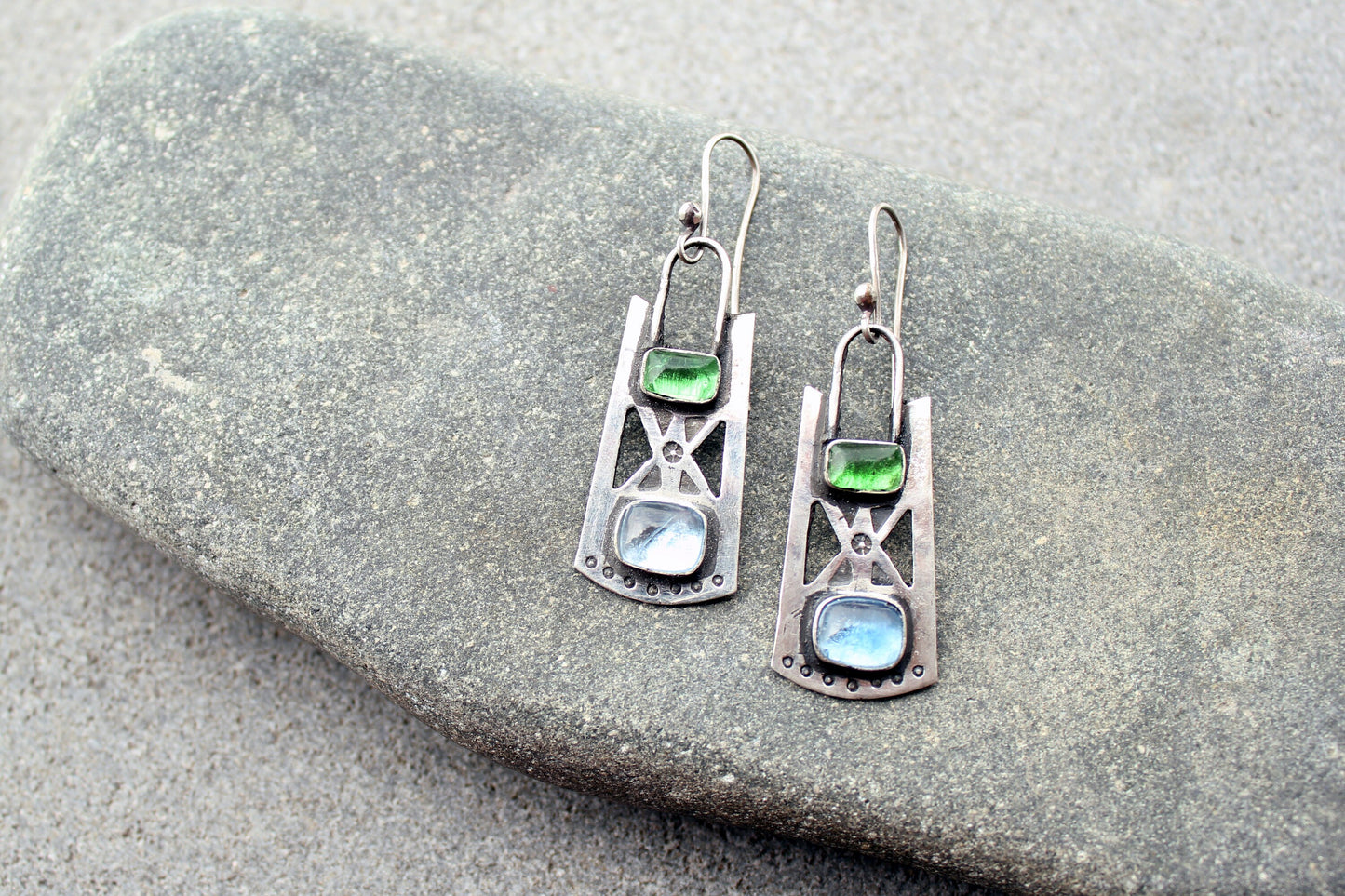 Sterling silver stamped oxidized metalsmith earrings with light blue and green corundum, Armenian, rustic, silversmith, artisan, for her