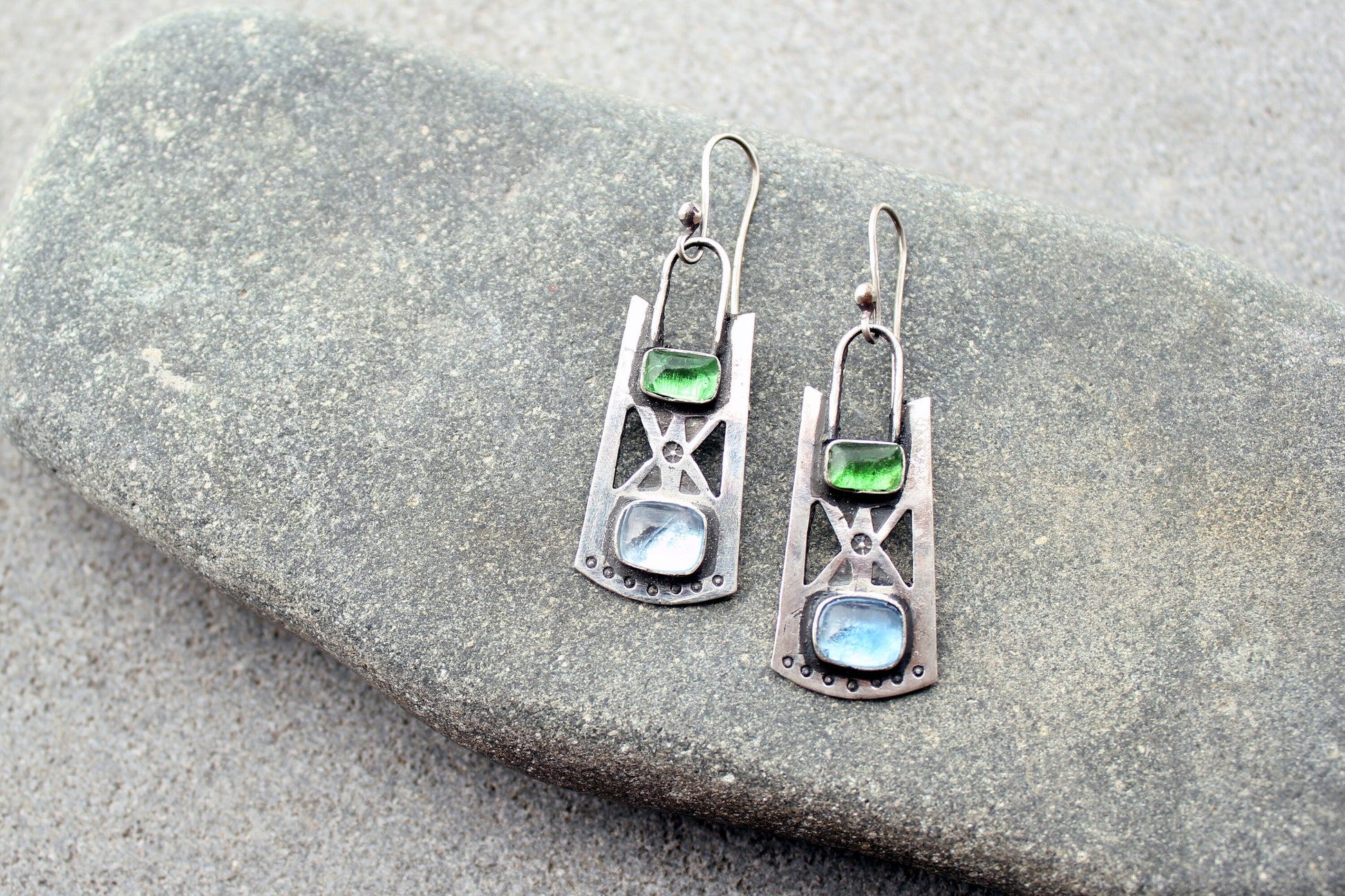 Sterling silver stamped oxidized metalsmith earrings with light blue and green corundum, Armenian, rustic, silversmith, artisan, for her
