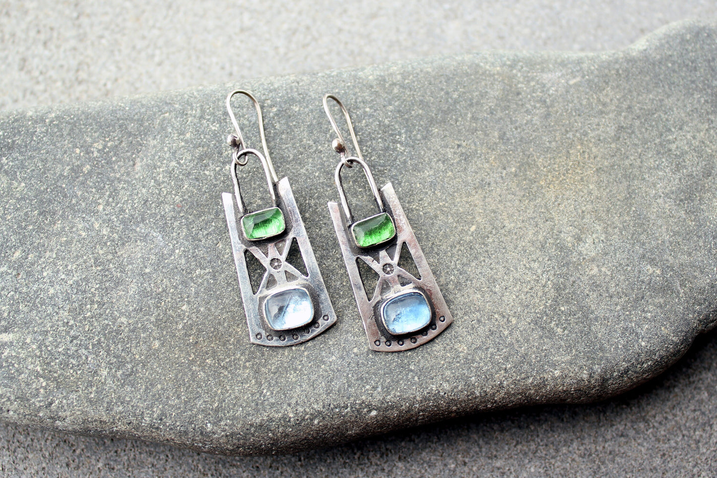 Sterling silver stamped oxidized metalsmith earrings with light blue and green corundum, Armenian, rustic, silversmith, artisan, for her