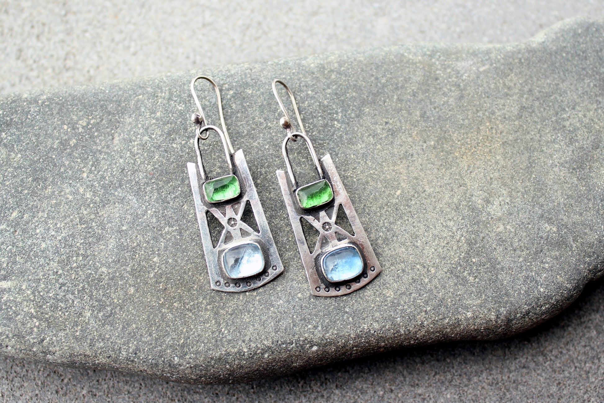 Sterling silver stamped oxidized metalsmith earrings with light blue and green corundum, Armenian, rustic, silversmith, artisan, for her