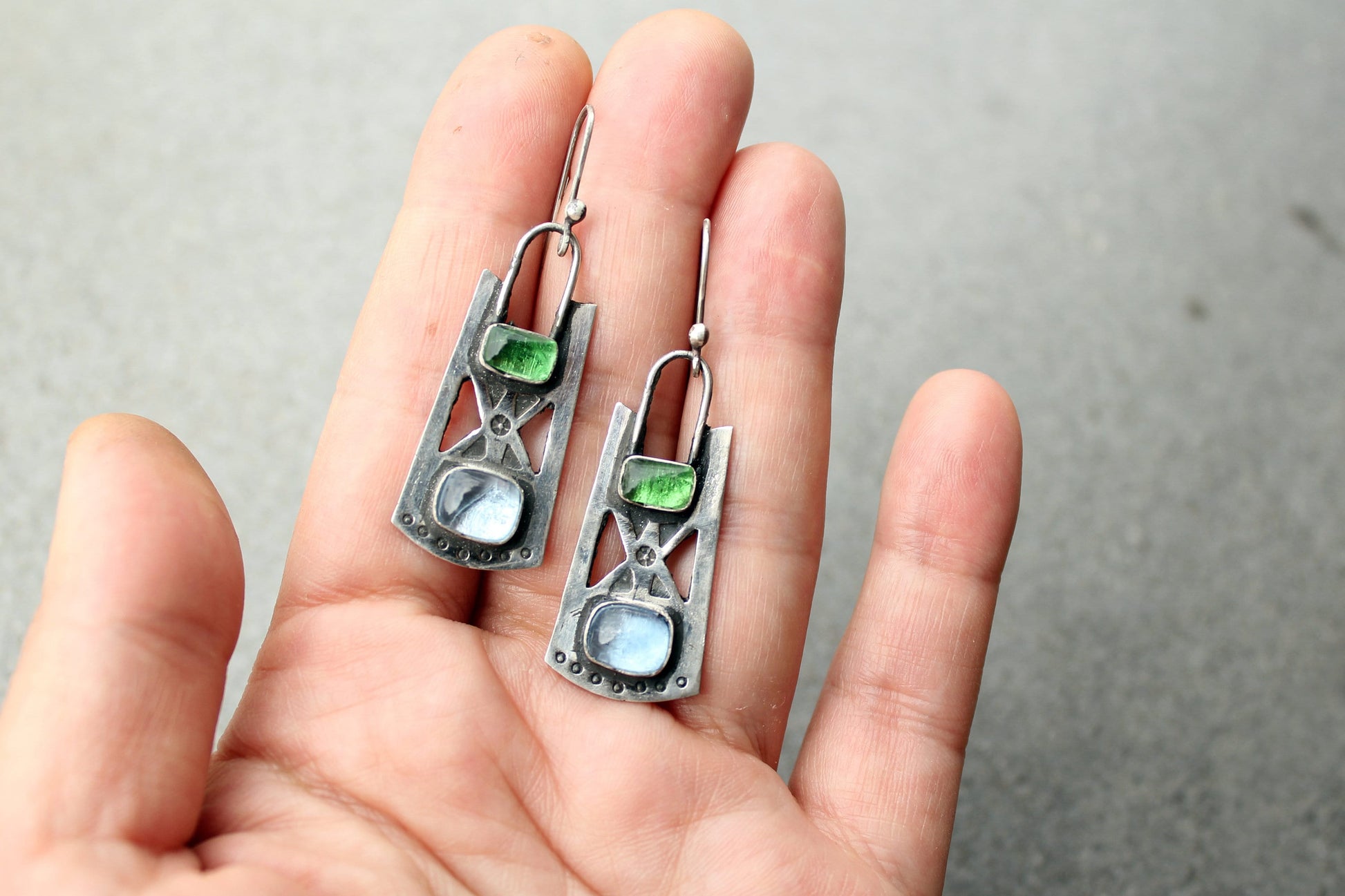 Sterling silver stamped oxidized metalsmith earrings with light blue and green corundum, Armenian, rustic, silversmith, artisan, for her