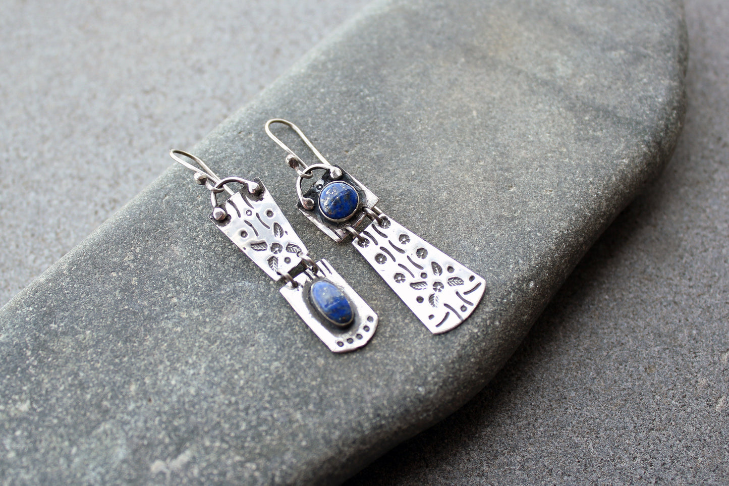Sterling silver asymmetrical earrings with blue lapis lazuli gemstone, armenian, rustic, artisan, unique, modern, oxidized, silversmith