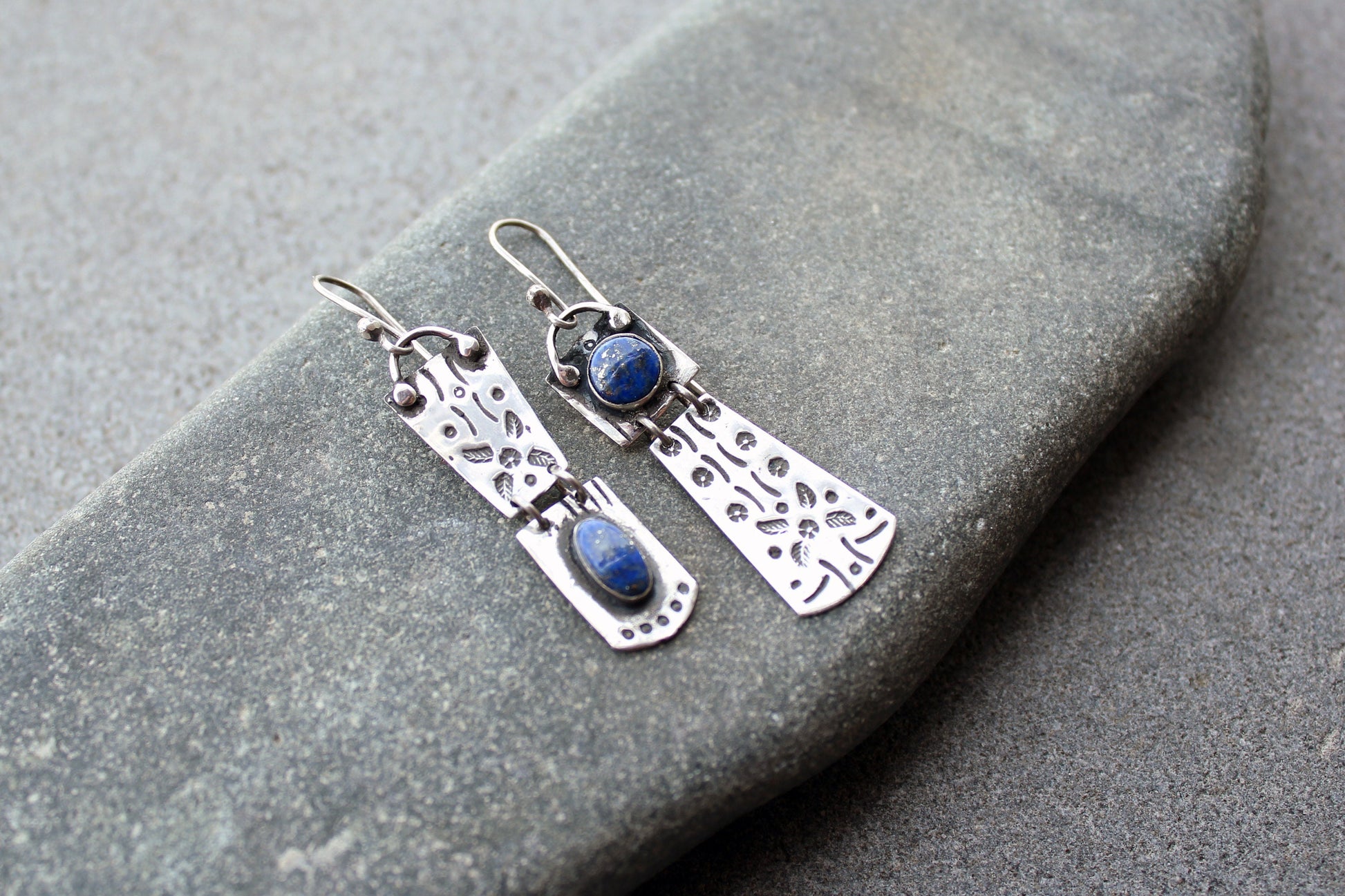Sterling silver asymmetrical earrings with blue lapis lazuli gemstone, armenian, rustic, artisan, unique, modern, oxidized, silversmith