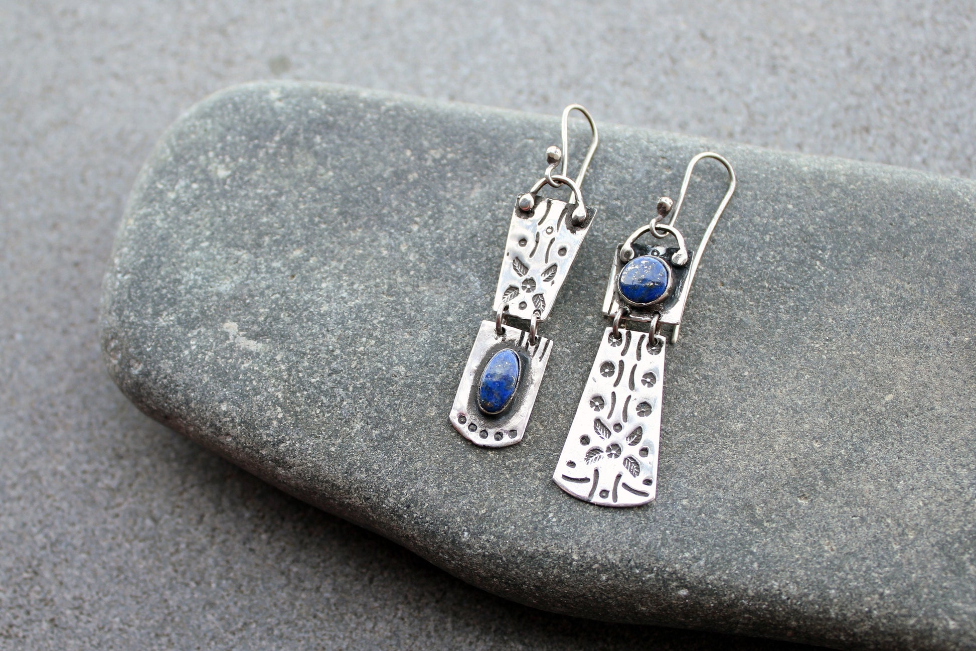 Sterling silver asymmetrical earrings with blue lapis lazuli gemstone, armenian, rustic, artisan, unique, modern, oxidized, silversmith