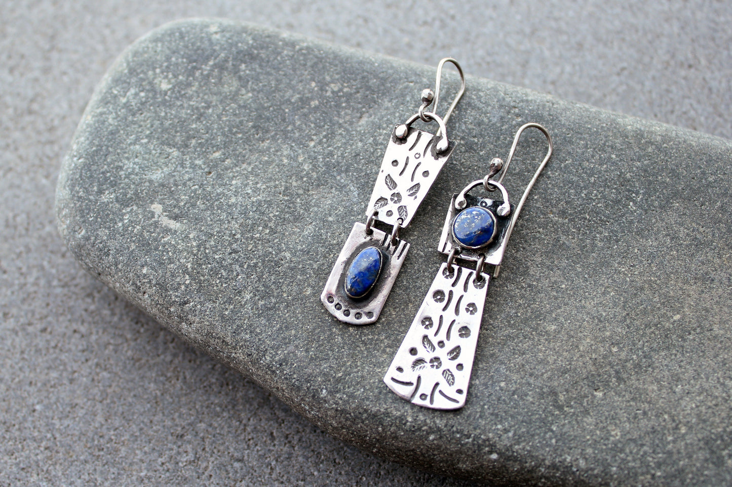 Sterling silver asymmetrical earrings with blue lapis lazuli gemstone, armenian, rustic, artisan, unique, modern, oxidized, silversmith
