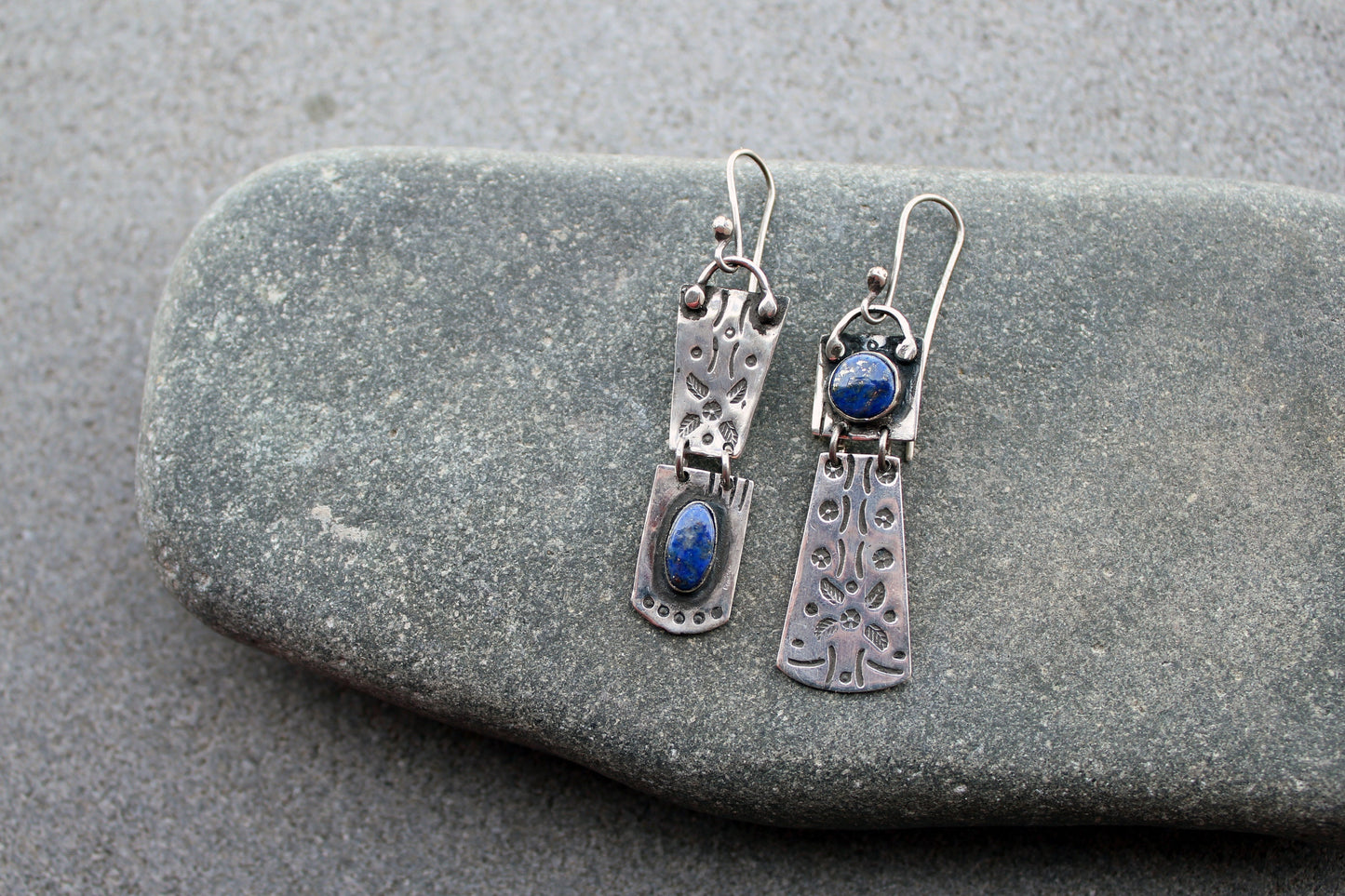 Sterling silver asymmetrical earrings with blue lapis lazuli gemstone, armenian, rustic, artisan, unique, modern, oxidized, silversmith