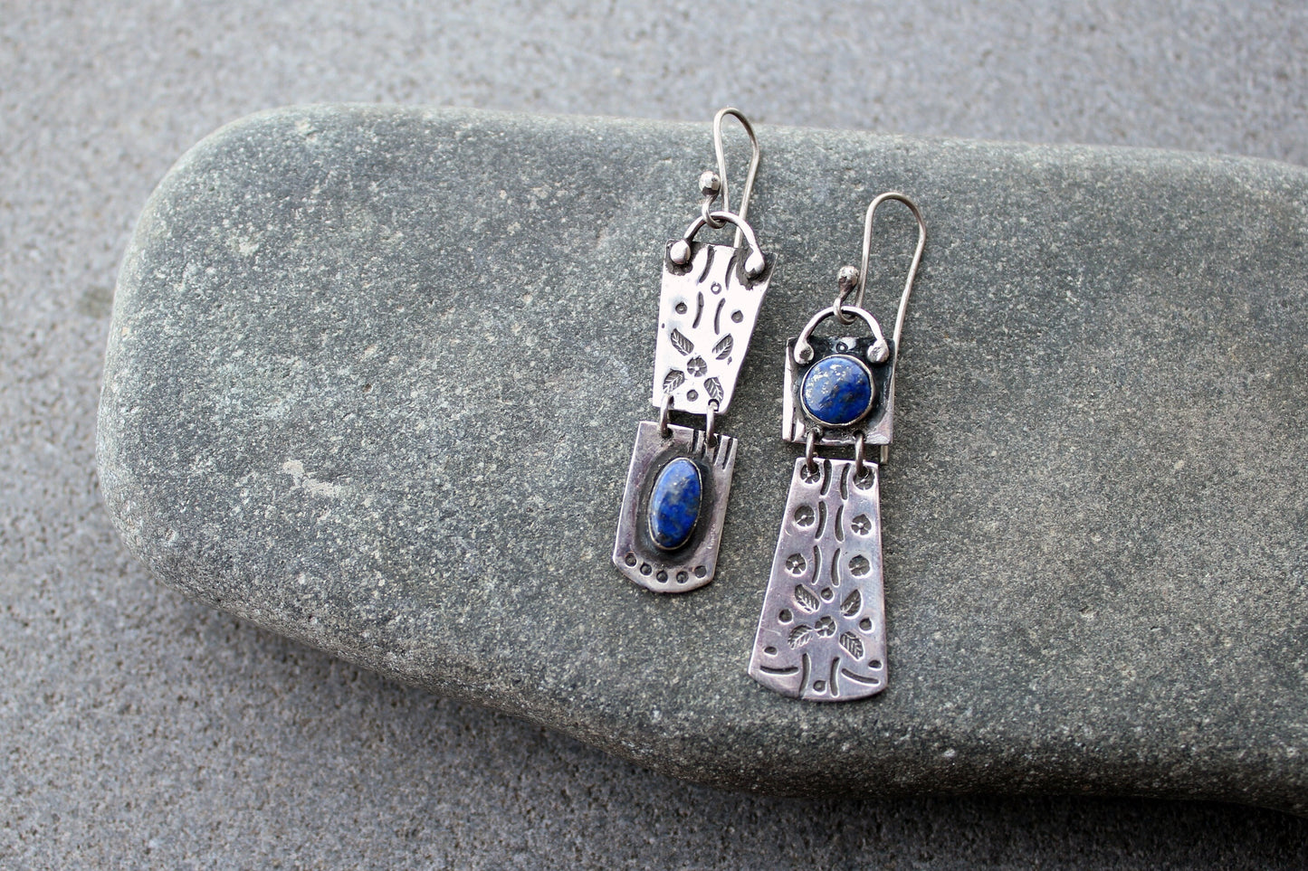 Sterling silver asymmetrical earrings with blue lapis lazuli gemstone, armenian, rustic, artisan, unique, modern, oxidized, silversmith