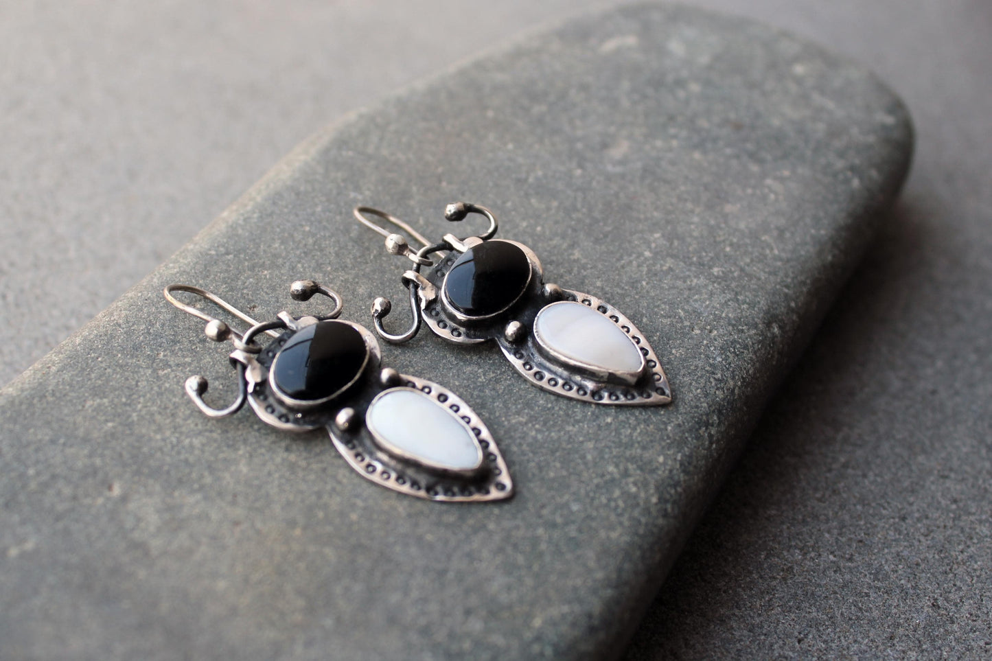 Sterling silver stamped earrings with black onyx and white mother of pearl, Armenian, rustic, silversmith, artisan, gift for her, unusual