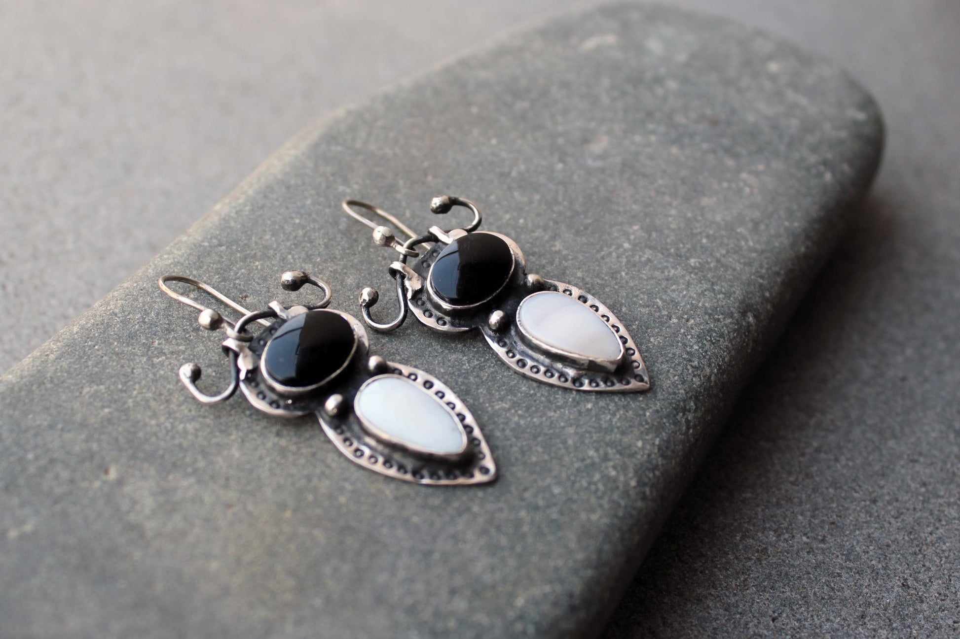 Sterling silver stamped earrings with black onyx and white mother of pearl, Armenian, rustic, silversmith, artisan, gift for her, unusual