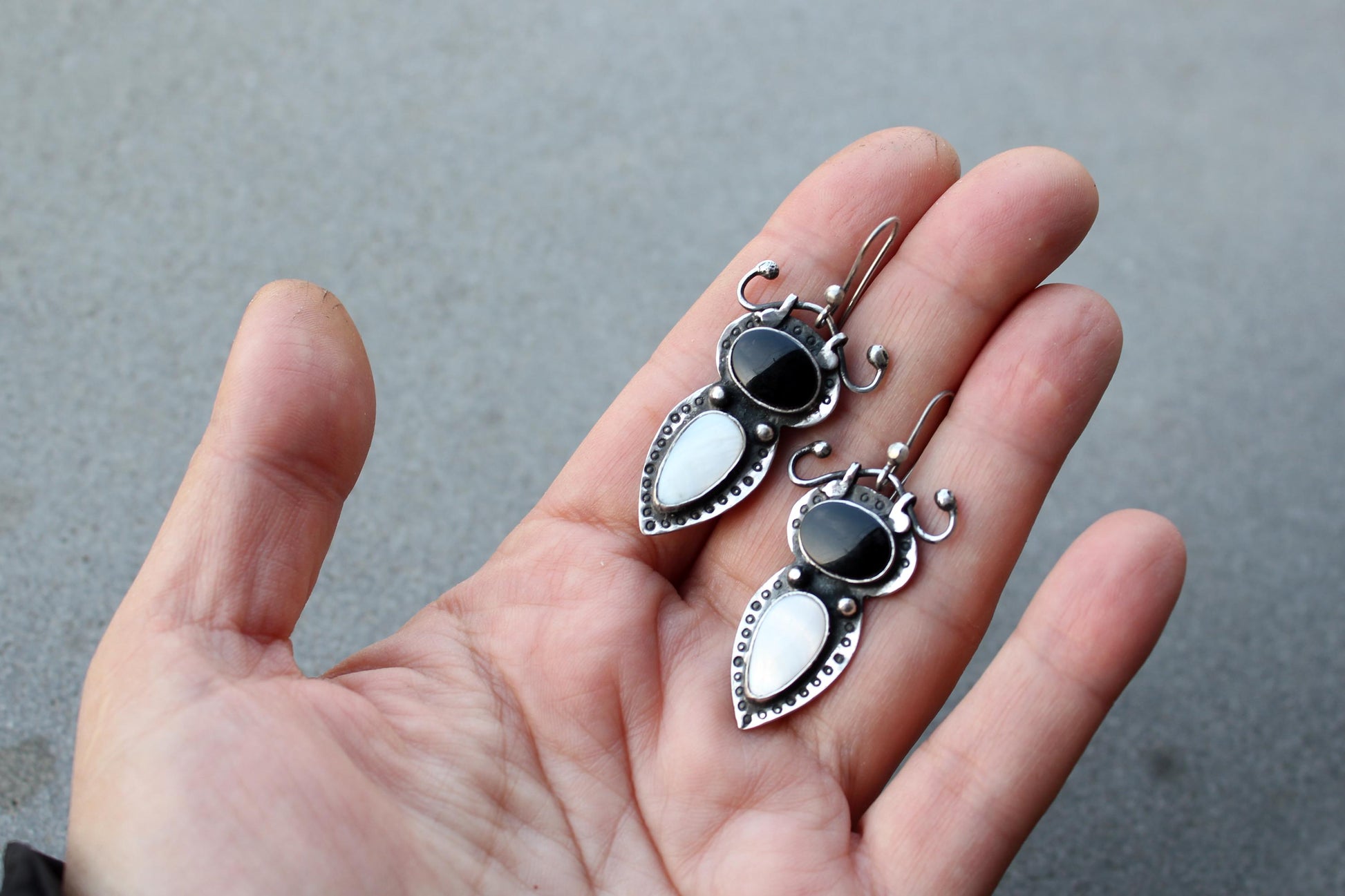 Sterling silver stamped earrings with black onyx and white mother of pearl, Armenian, rustic, silversmith, artisan, gift for her, unusual
