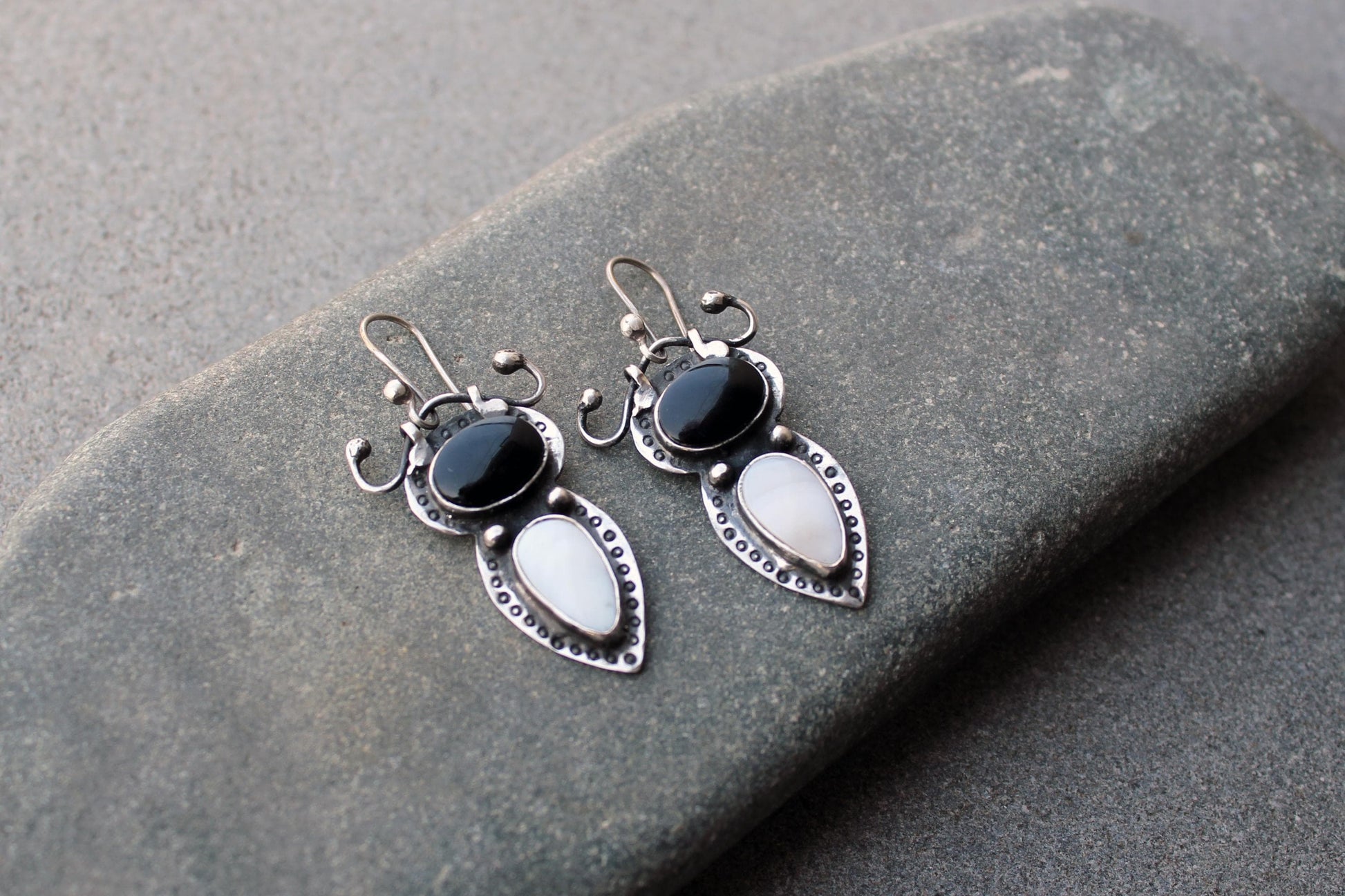 Sterling silver stamped earrings with black onyx and white mother of pearl, Armenian, rustic, silversmith, artisan, gift for her, unusual