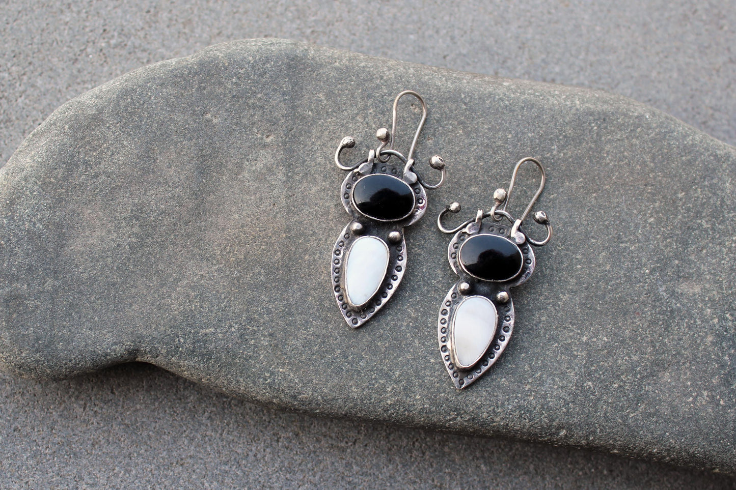 Sterling silver stamped earrings with black onyx and white mother of pearl, Armenian, rustic, silversmith, artisan, gift for her, unusual