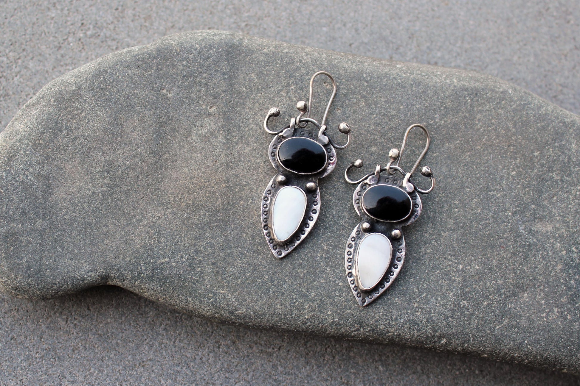 Sterling silver stamped earrings with black onyx and white mother of pearl, Armenian, rustic, silversmith, artisan, gift for her, unusual