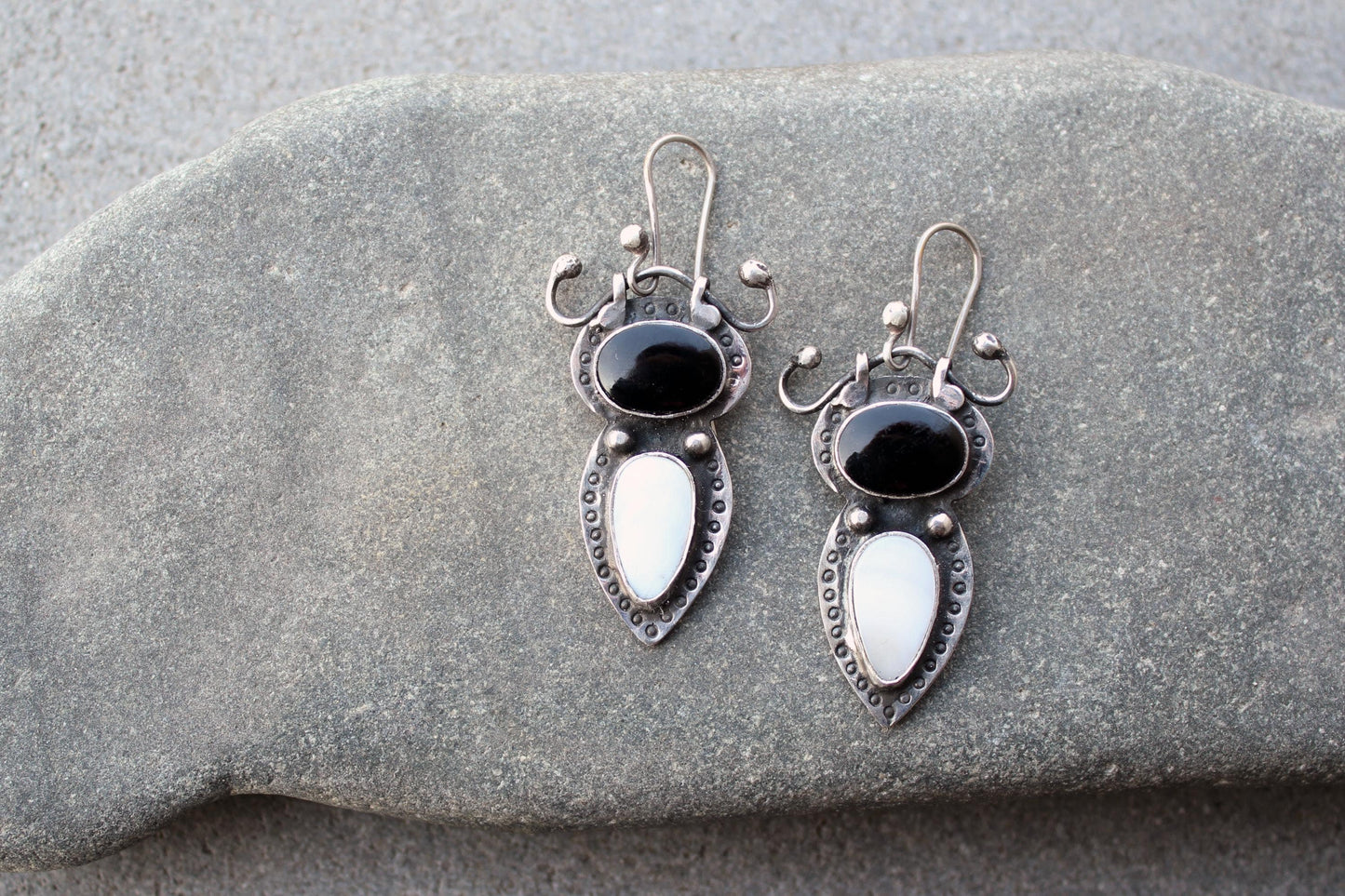 Sterling silver stamped earrings with black onyx and white mother of pearl, Armenian, rustic, silversmith, artisan, gift for her, unusual