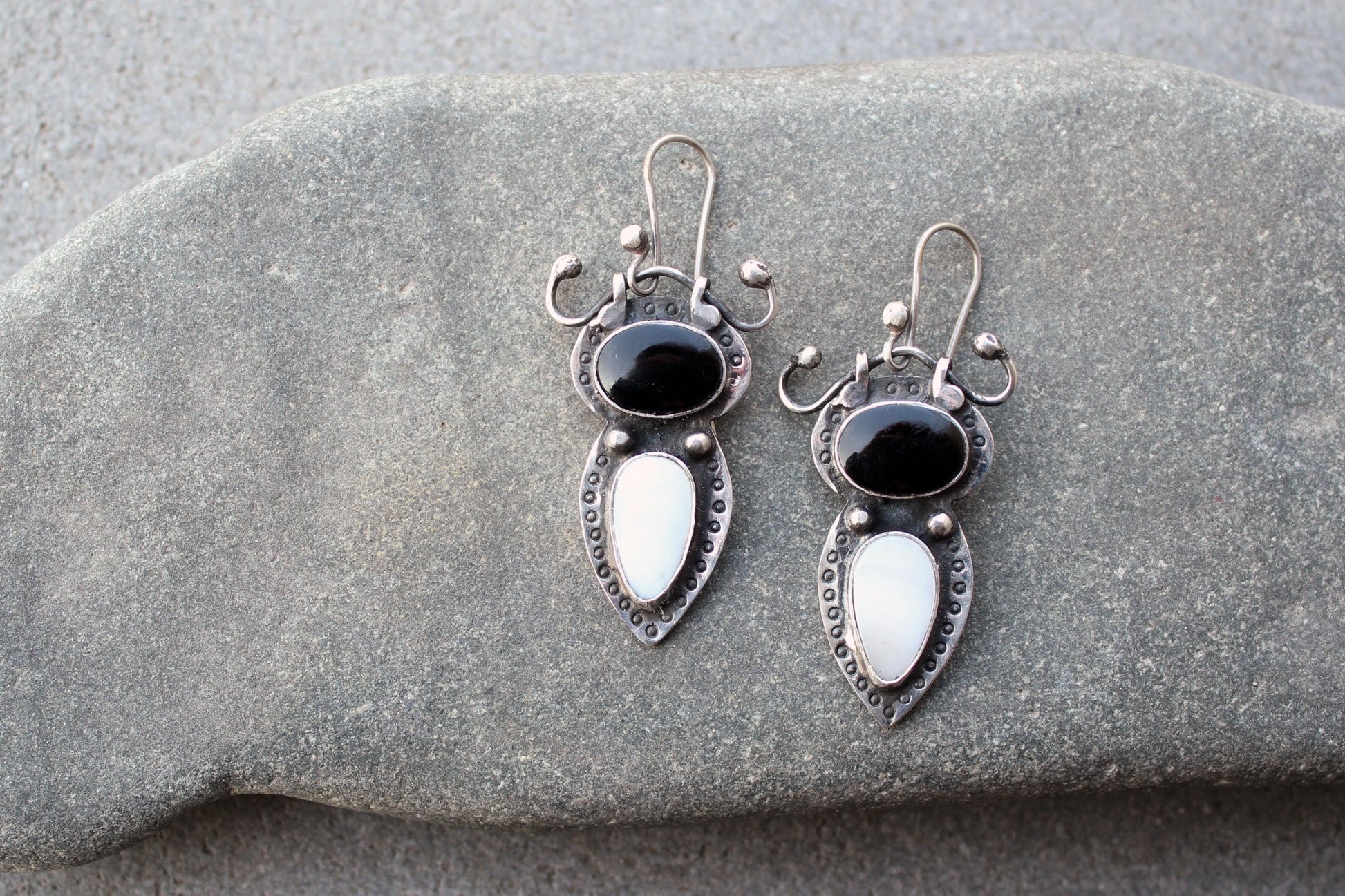Sterling silver stamped earrings with black onyx and white mother of pearl, Armenian, rustic, silversmith, artisan, gift for her, unusual