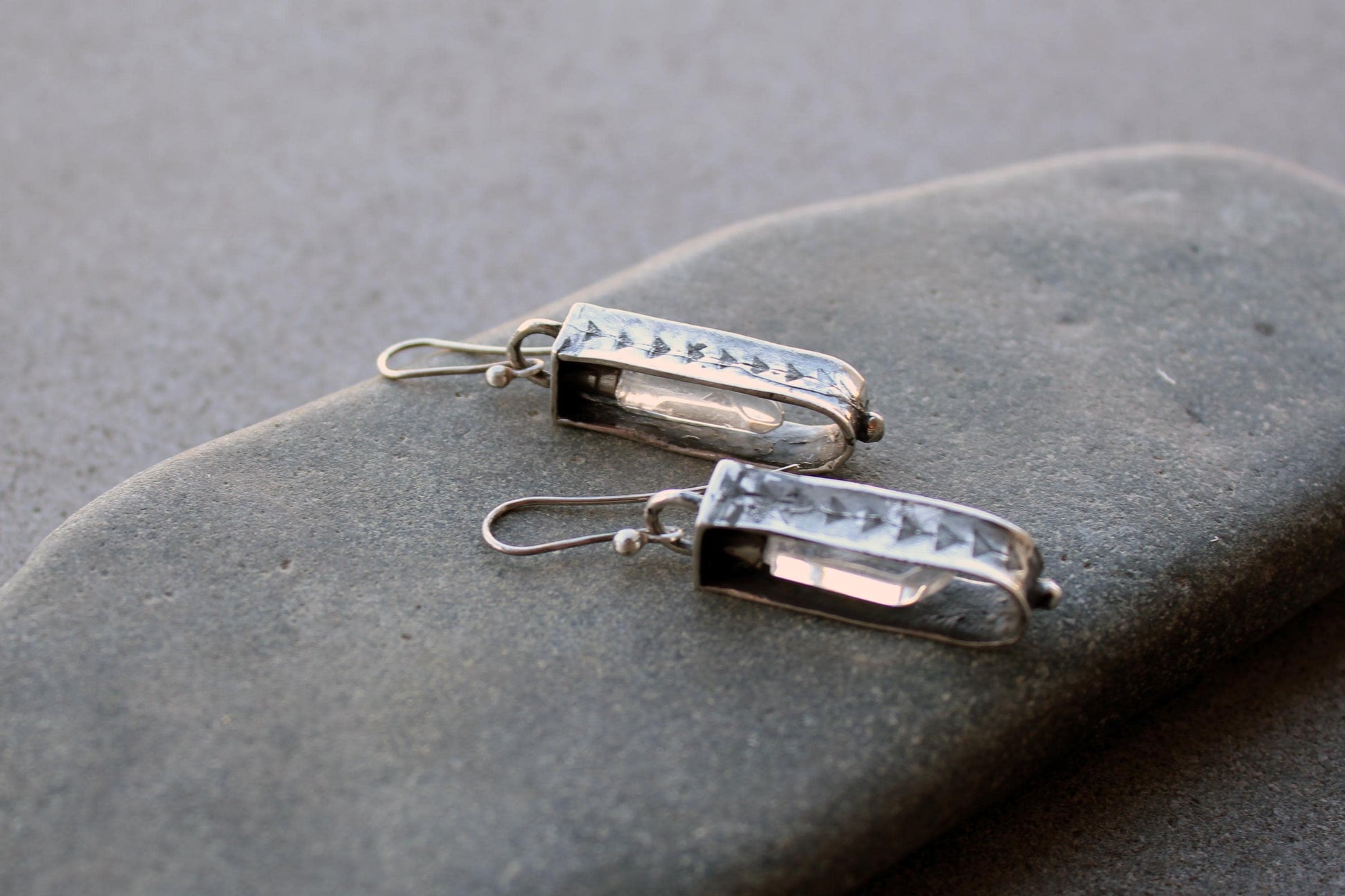 Sterling silver reticulated oxidized earrings with natural raw rhinestone crystal gemstone, artisan, Armenian, silversmith, boho, whimsy