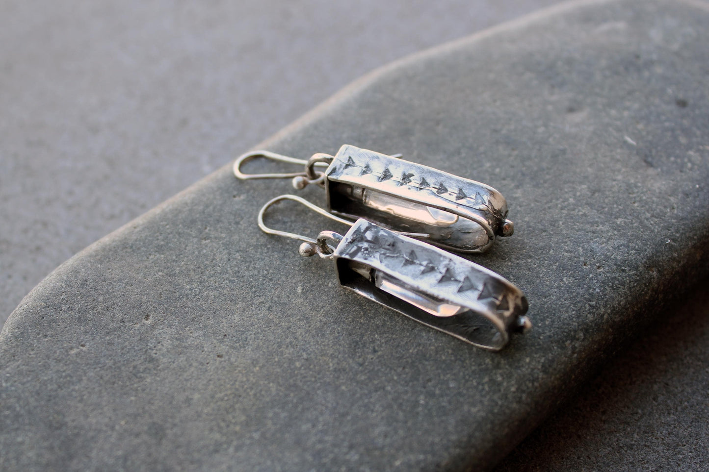 Sterling silver reticulated oxidized earrings with natural raw rhinestone crystal gemstone, artisan, Armenian, silversmith, boho, whimsy