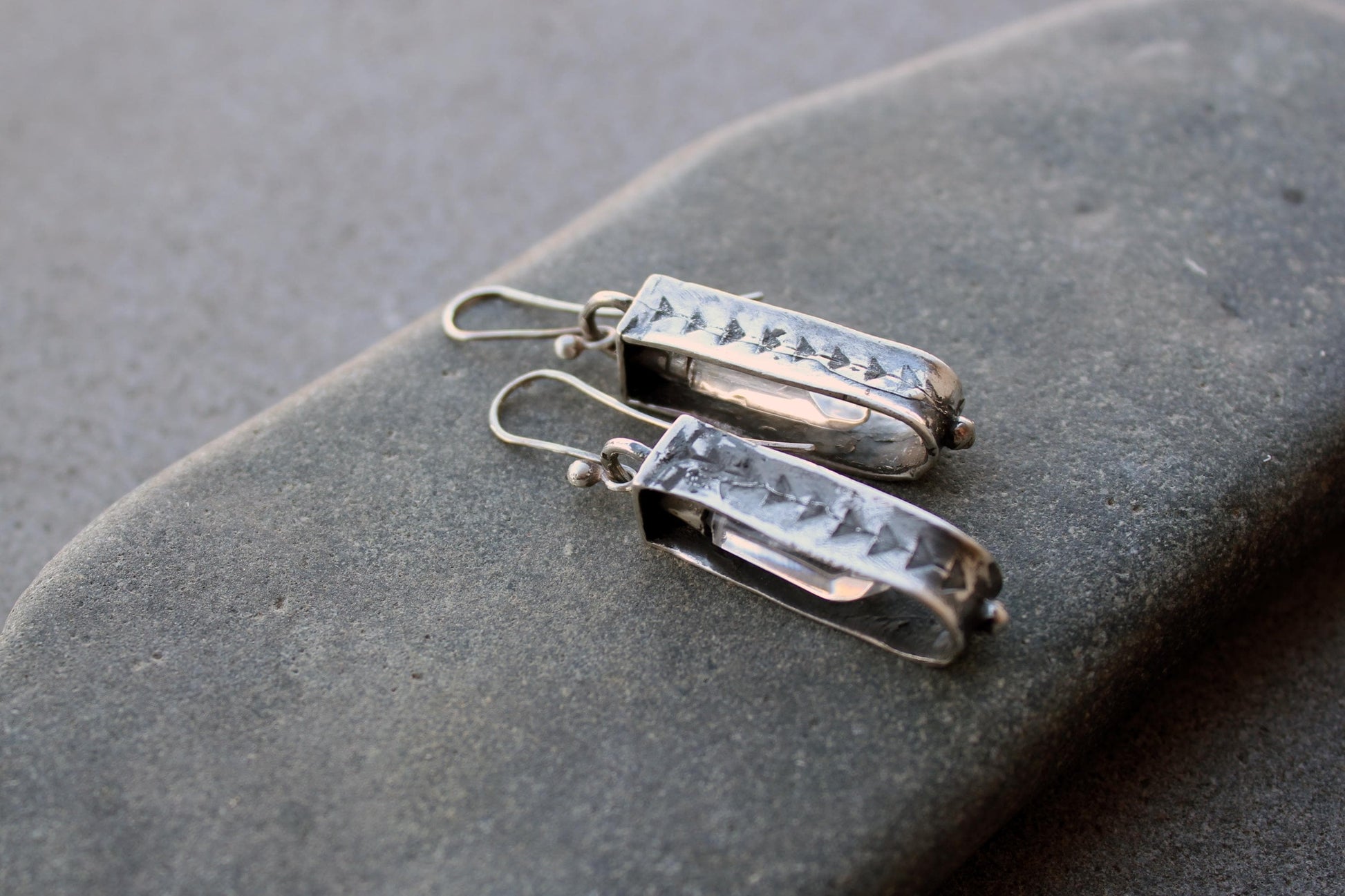 Sterling silver reticulated oxidized earrings with natural raw rhinestone crystal gemstone, artisan, Armenian, silversmith, boho, whimsy