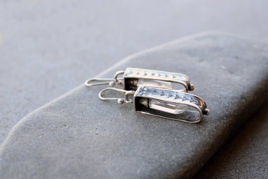 Sterling silver reticulated oxidized earrings with natural raw rhinestone crystal gemstone, artisan, Armenian, silversmith, boho, whimsy