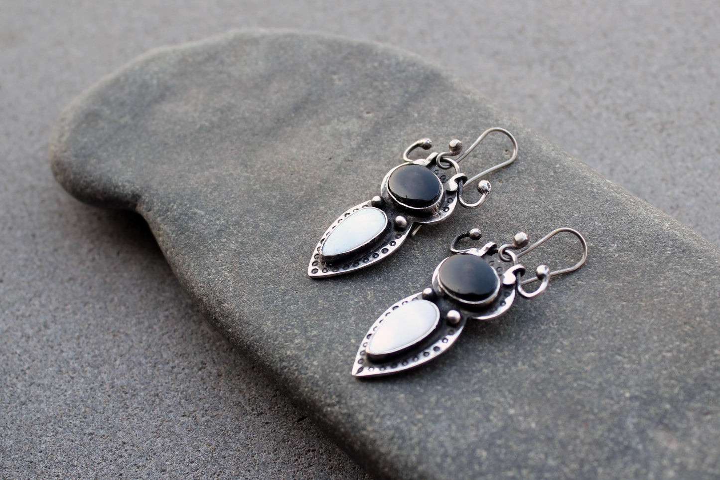 Sterling silver stamped earrings with black onyx and white mother of pearl, Armenian, rustic, silversmith, artisan, gift for her, unusual