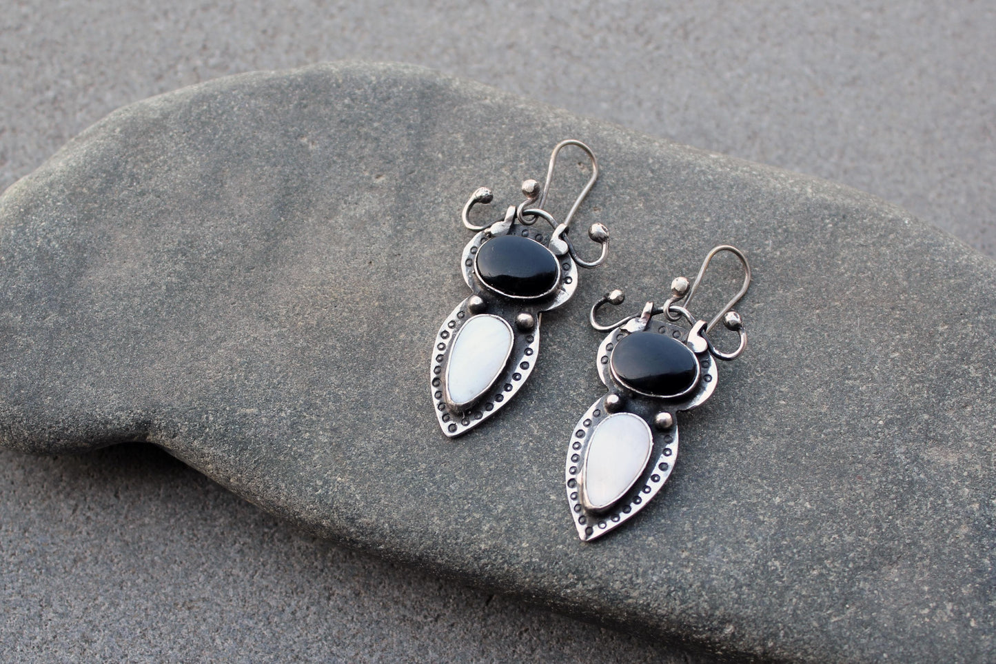 Sterling silver stamped earrings with black onyx and white mother of pearl, Armenian, rustic, silversmith, artisan, gift for her, unusual