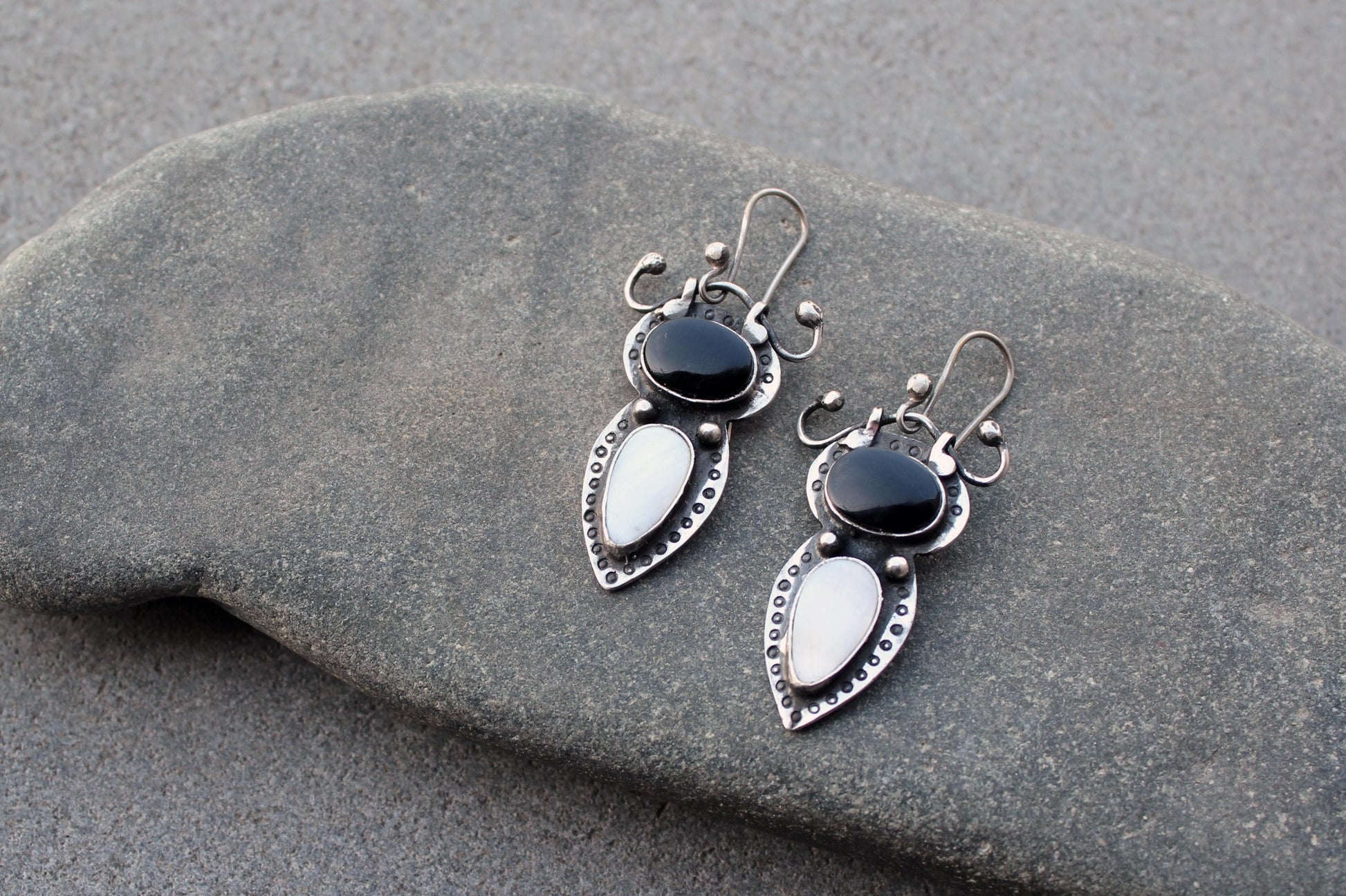 Sterling silver stamped earrings with black onyx and white mother of pearl, Armenian, rustic, silversmith, artisan, gift for her, unusual