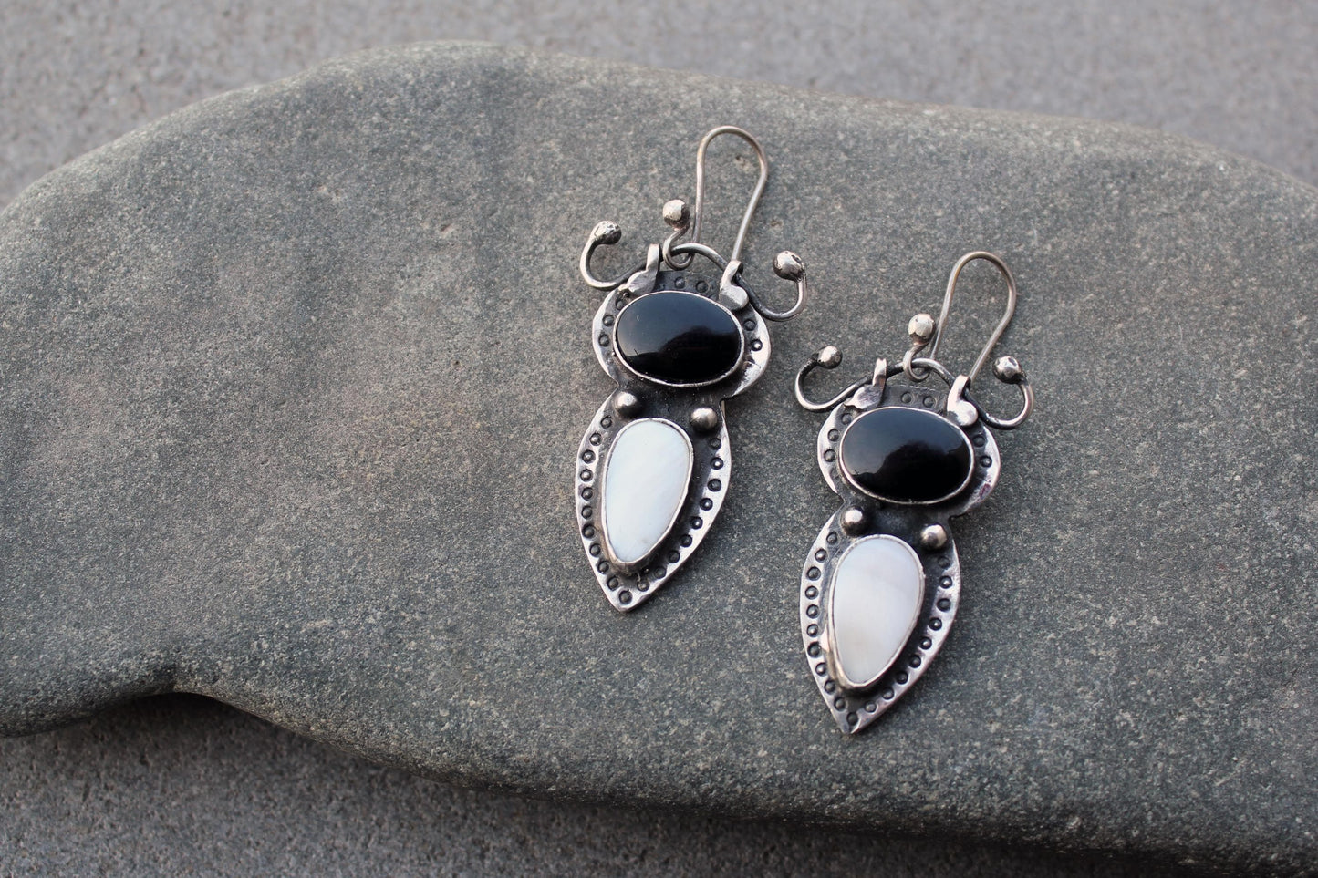 Sterling silver stamped earrings with black onyx and white mother of pearl, Armenian, rustic, silversmith, artisan, gift for her, unusual