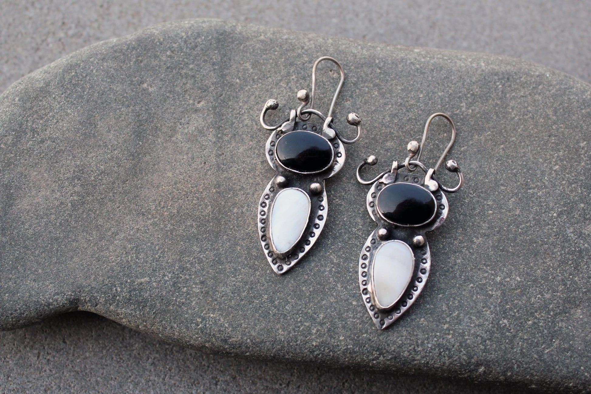 Sterling silver stamped earrings with black onyx and white mother of pearl, Armenian, rustic, silversmith, artisan, gift for her, unusual