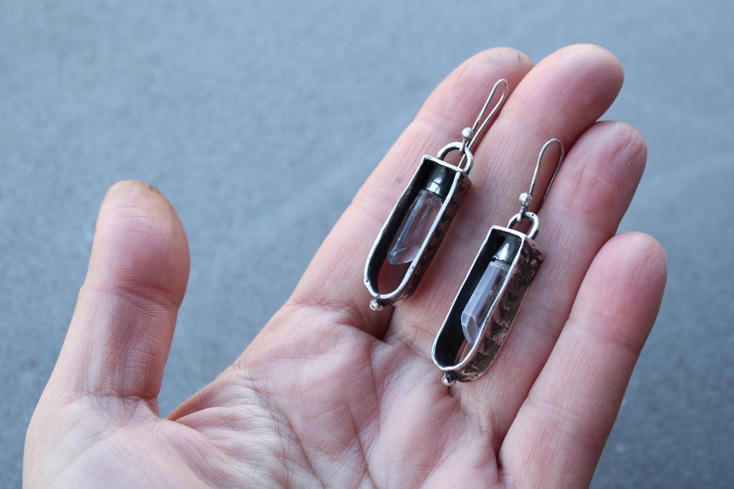 Sterling silver reticulated oxidized earrings with natural raw rhinestone crystal gemstone, artisan, Armenian, silversmith, boho, whimsy