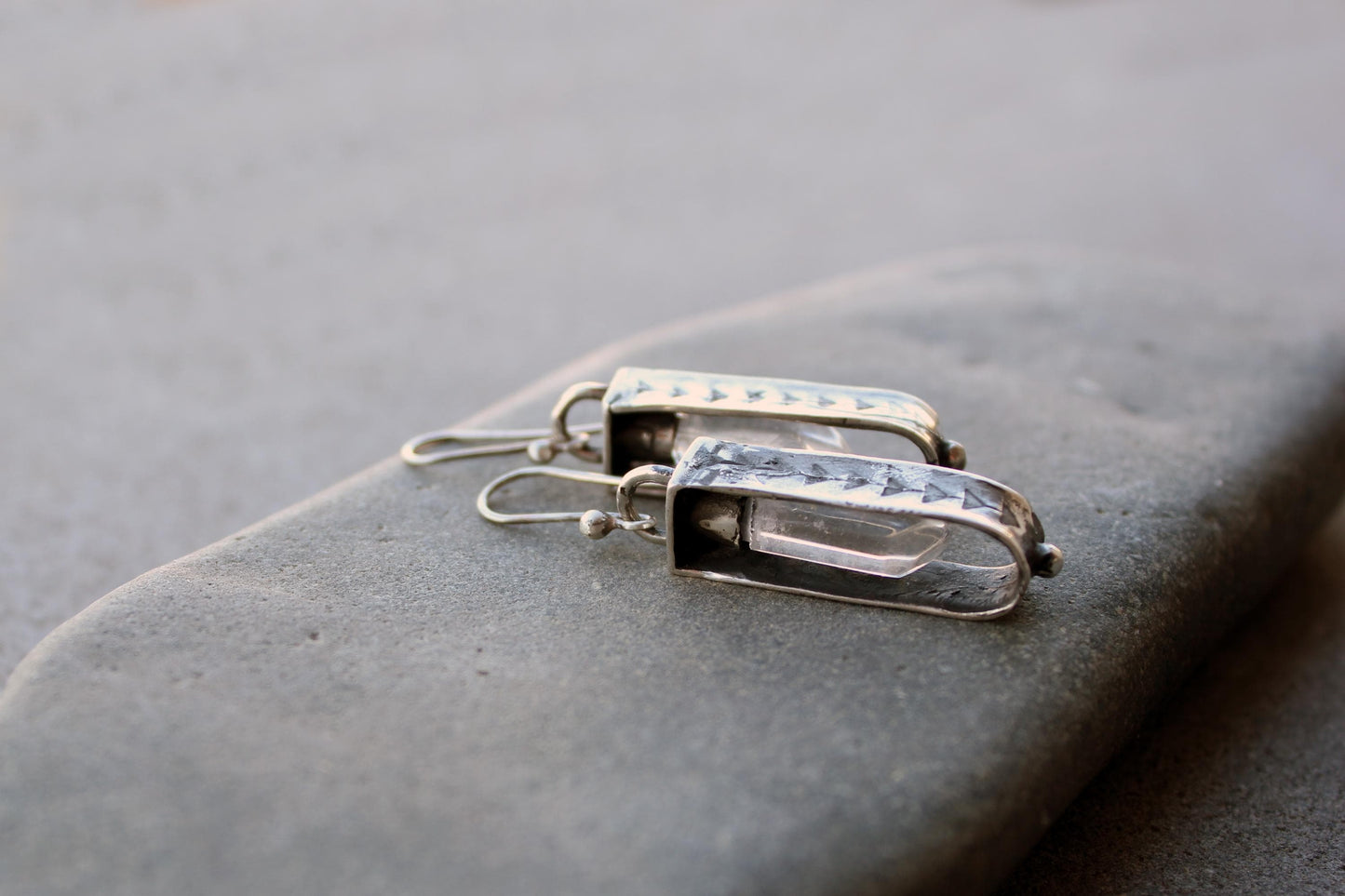 Sterling silver reticulated oxidized earrings with natural raw rhinestone crystal gemstone, artisan, Armenian, silversmith, boho, whimsy