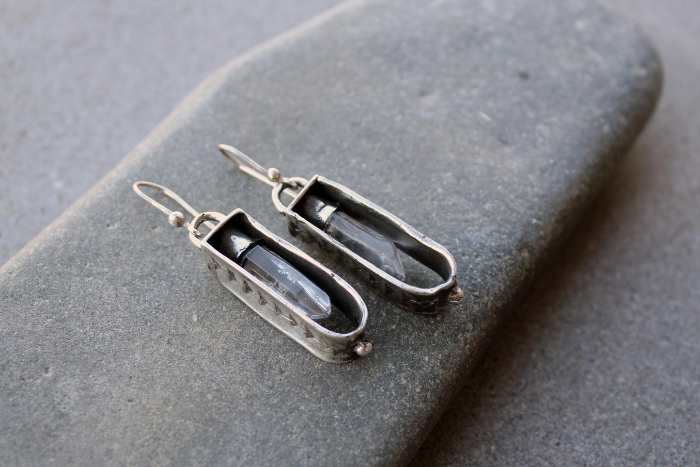 Sterling silver reticulated oxidized earrings with natural raw rhinestone crystal gemstone, artisan, Armenian, silversmith, boho, whimsy