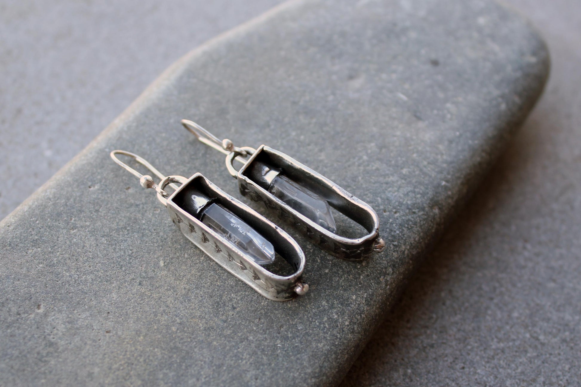 Sterling silver reticulated oxidized earrings with natural raw rhinestone crystal gemstone, artisan, Armenian, silversmith, boho, whimsy