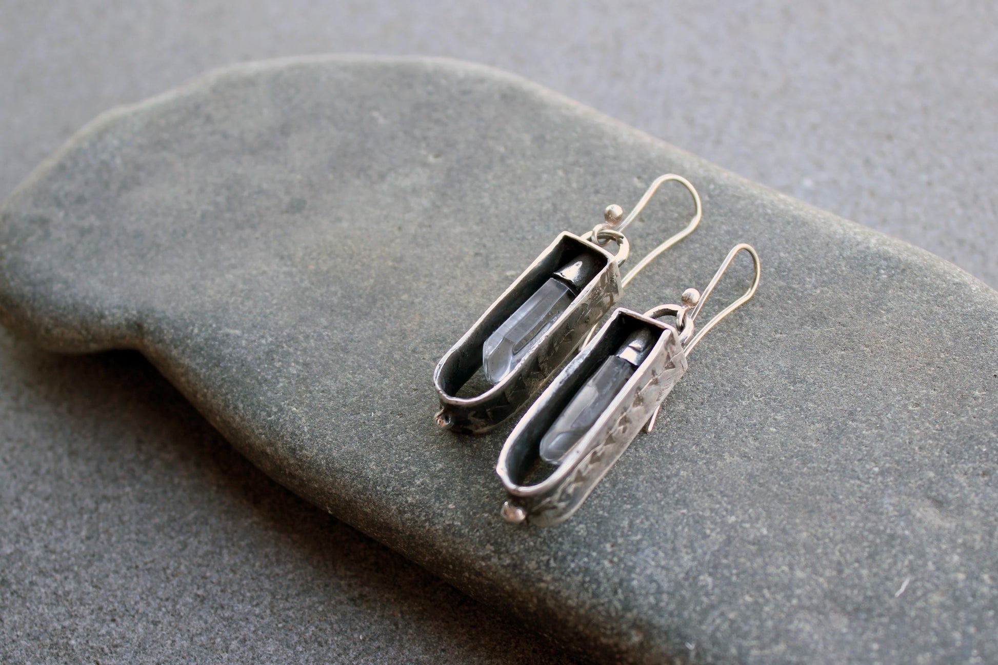 Sterling silver reticulated oxidized earrings with natural raw rhinestone crystal gemstone, artisan, Armenian, silversmith, boho, whimsy