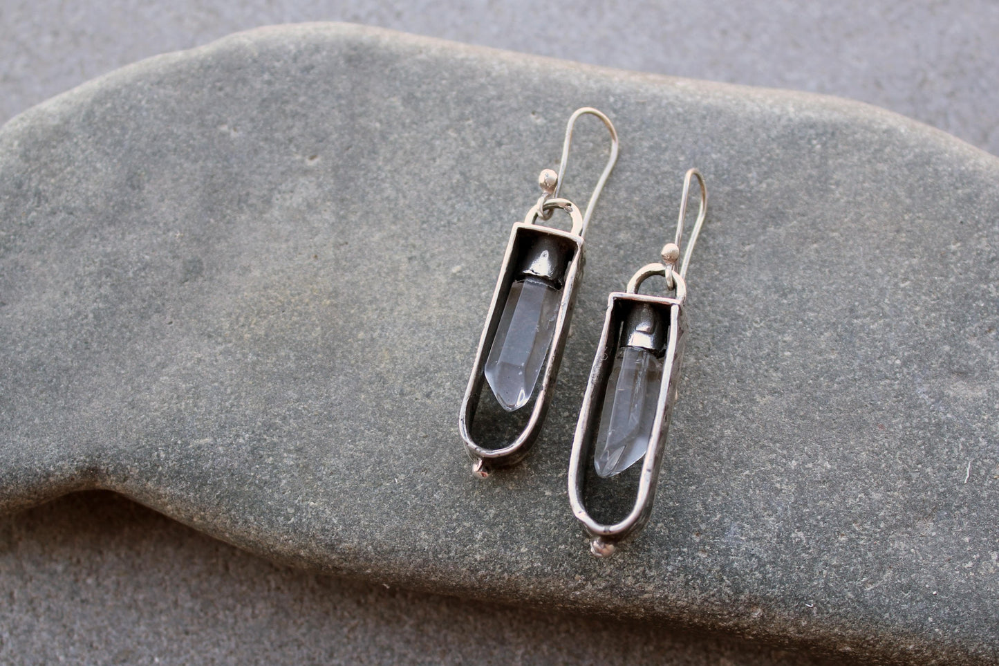 Sterling silver reticulated oxidized earrings with natural raw rhinestone crystal gemstone, artisan, Armenian, silversmith, boho, whimsy
