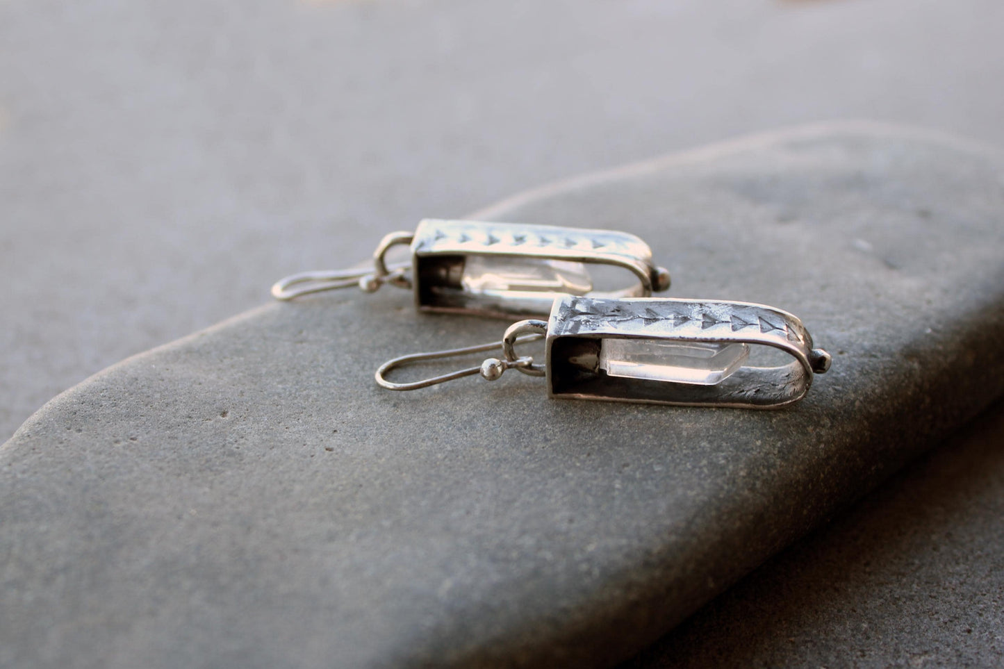 Sterling silver reticulated oxidized earrings with natural raw rhinestone crystal gemstone, artisan, Armenian, silversmith, boho, whimsy