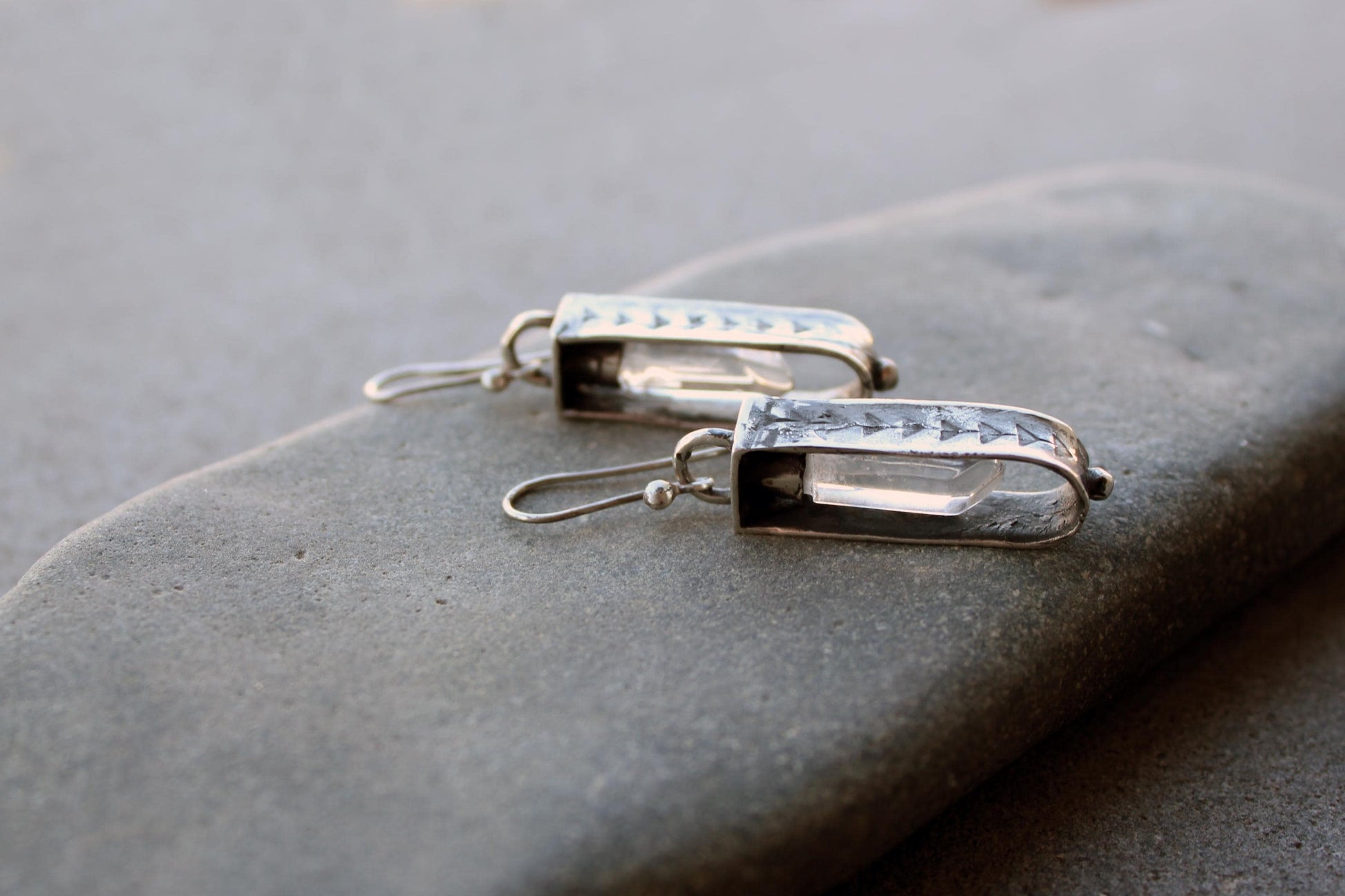 Sterling silver reticulated oxidized earrings with natural raw rhinestone crystal gemstone, artisan, Armenian, silversmith, boho, whimsy