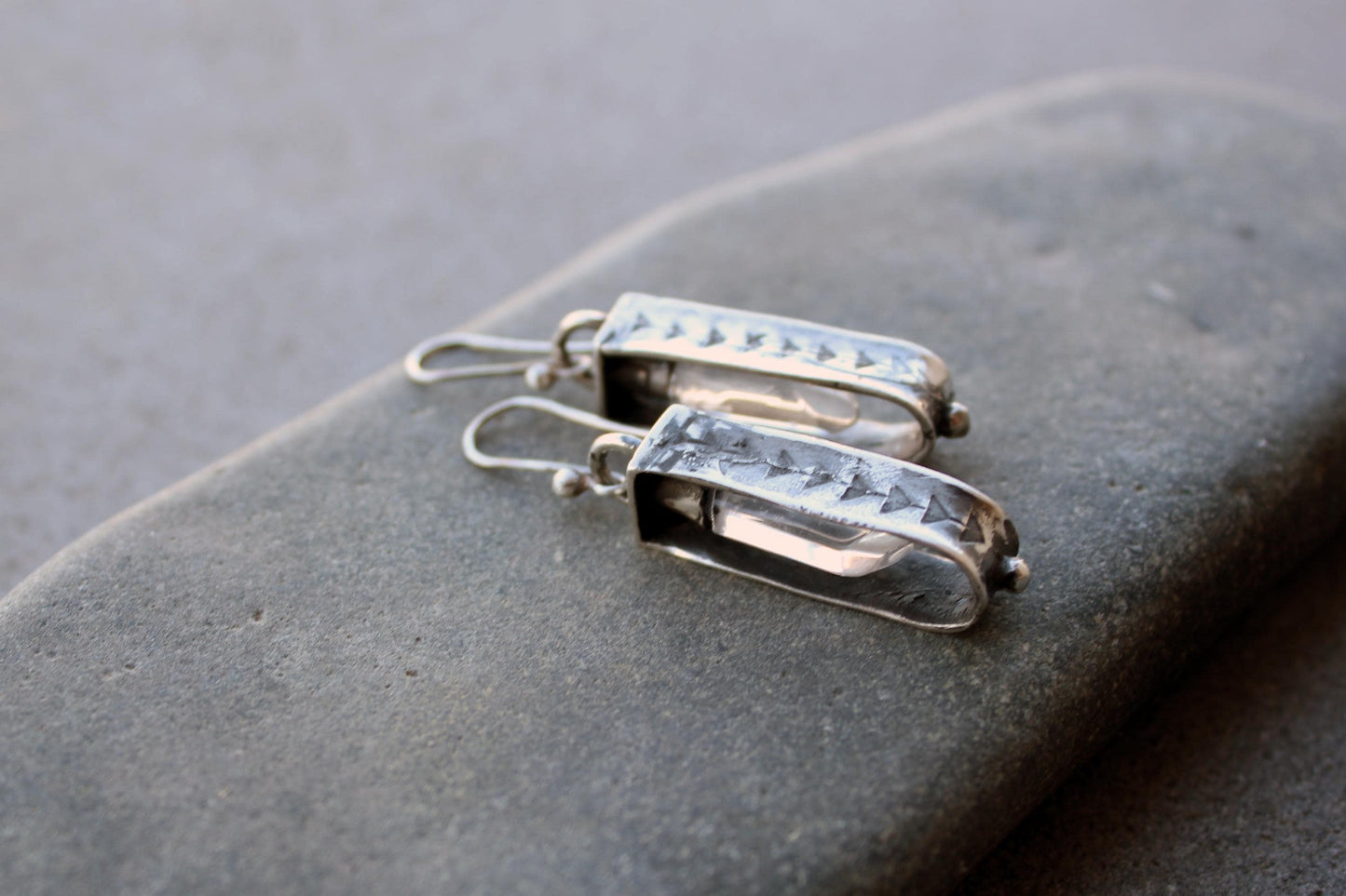 Sterling silver reticulated oxidized earrings with natural raw rhinestone crystal gemstone, artisan, Armenian, silversmith, boho, whimsy