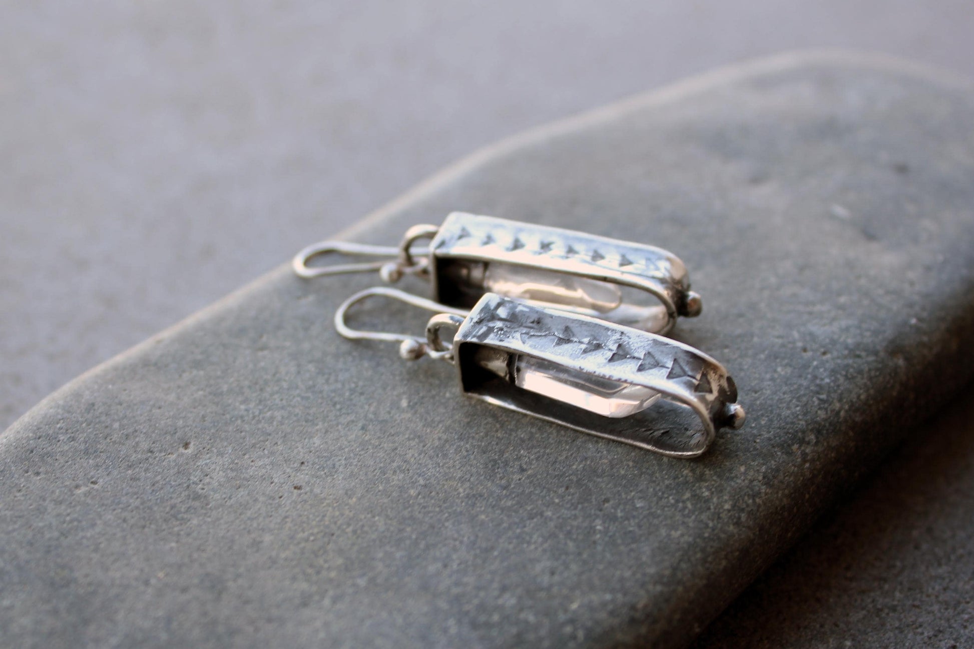 Sterling silver reticulated oxidized earrings with natural raw rhinestone crystal gemstone, artisan, Armenian, silversmith, boho, whimsy