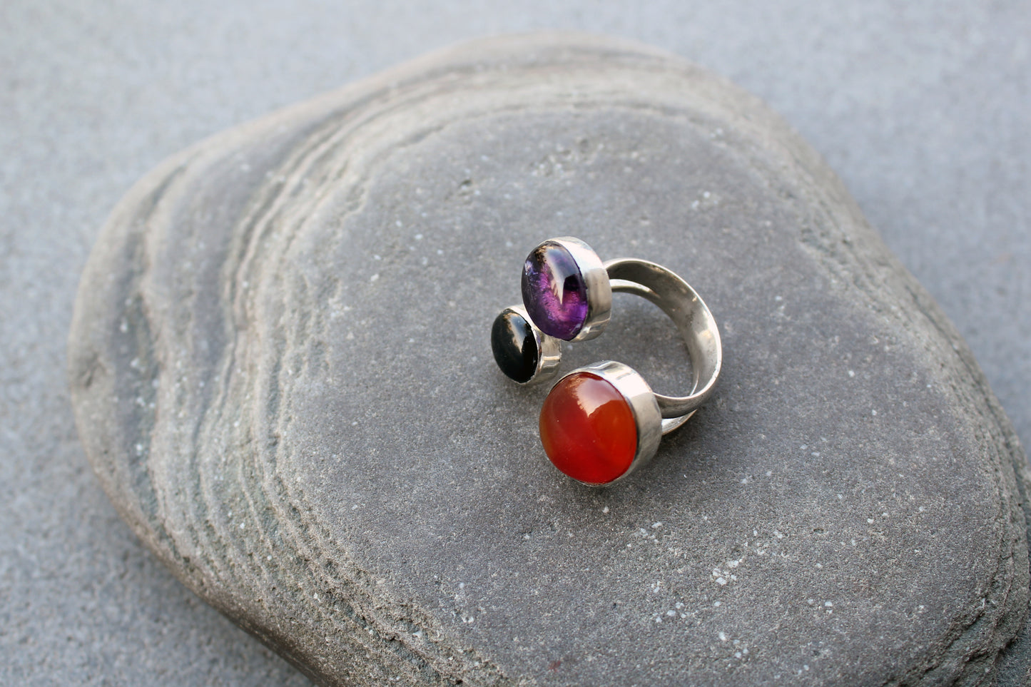 Big Armenian silversmith ring sterling silver cocktail statement with orange carnelian, purple amethyst and black onyx, silversmith